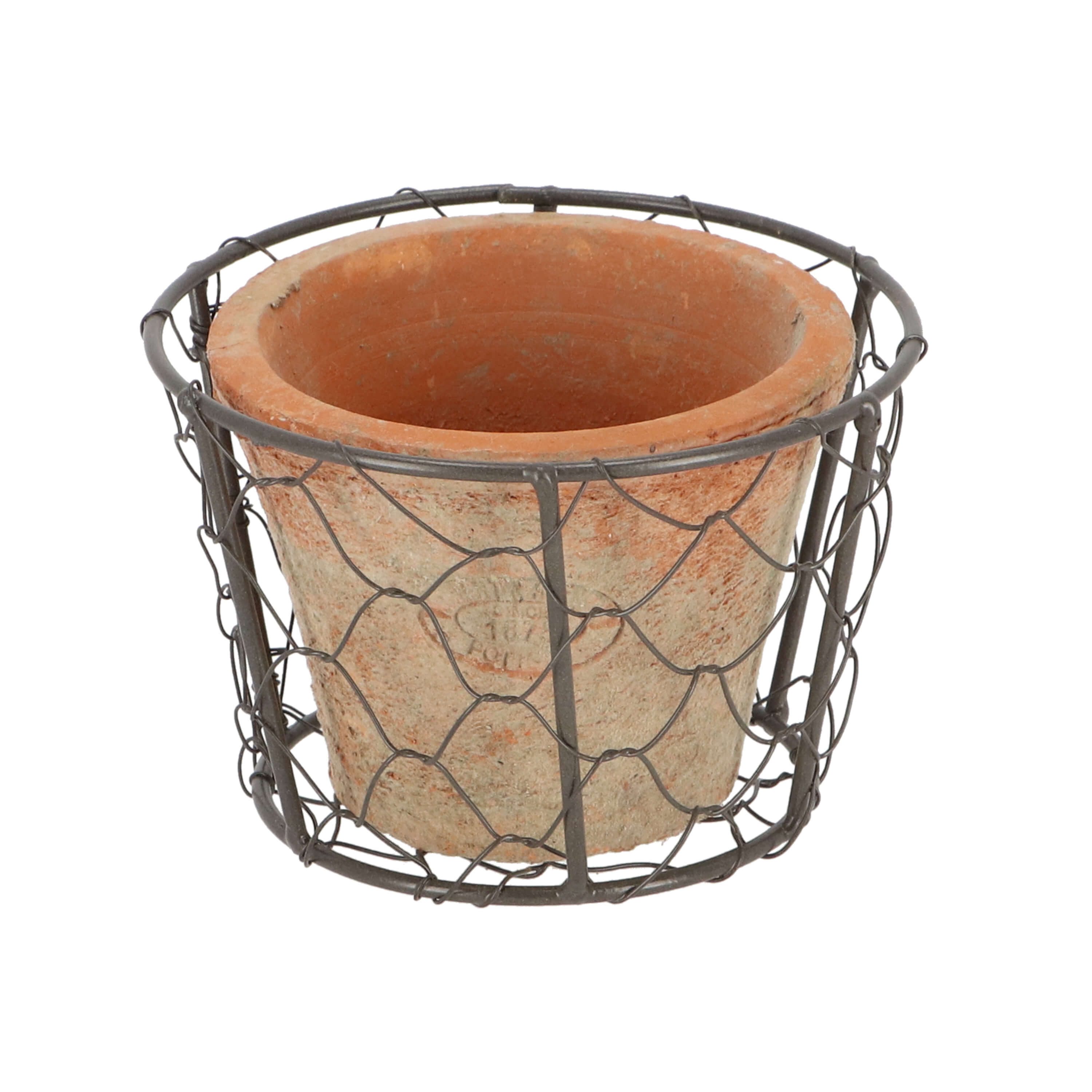 esschert design Übertopf 8cm hoch Aged Terracotta Korb Blumentopf Übertopf rund Drahtkorb