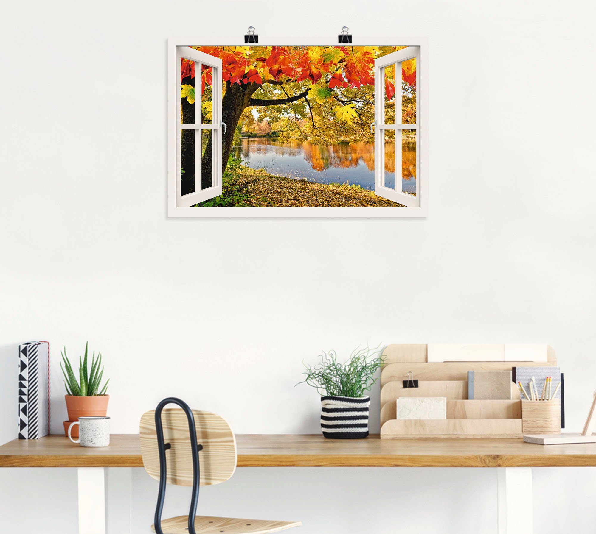 Artland Wandbild Fensterblick Herbsttag an See, einem Poster Gewässer St), Größen oder in (1 Leinwandbild, Alubild, versch. als Wandaufkleber