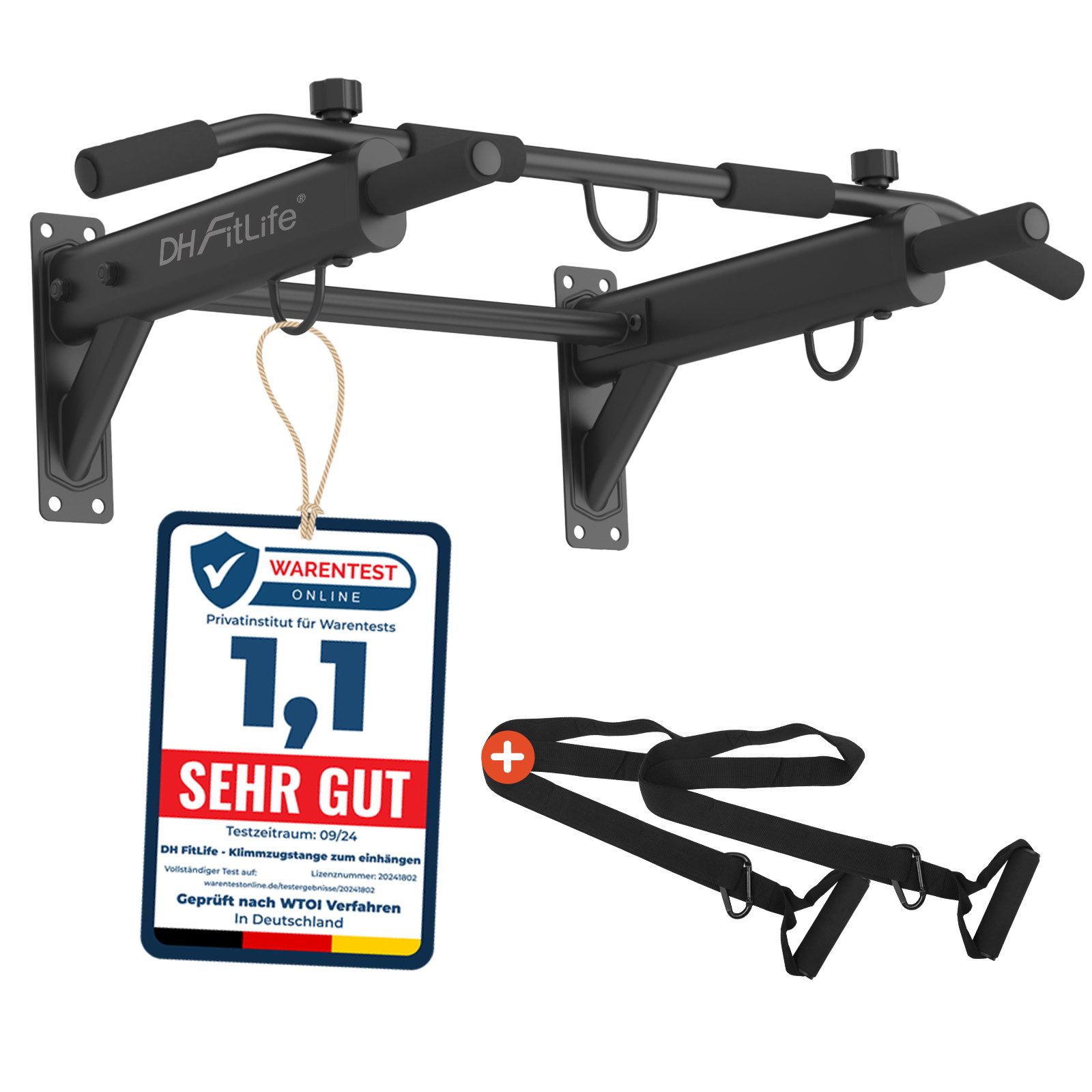 DH FitLife Klimmzugstange zur Wandmontage 4in1 mit Spreizdübel (Multifunktionale Pull-Up Bar für Zuhause bis 200kg, 6 rutschfeste Griffe), 3 Öse für Boxsack & Schlingentrainer, Sicher & Stabil