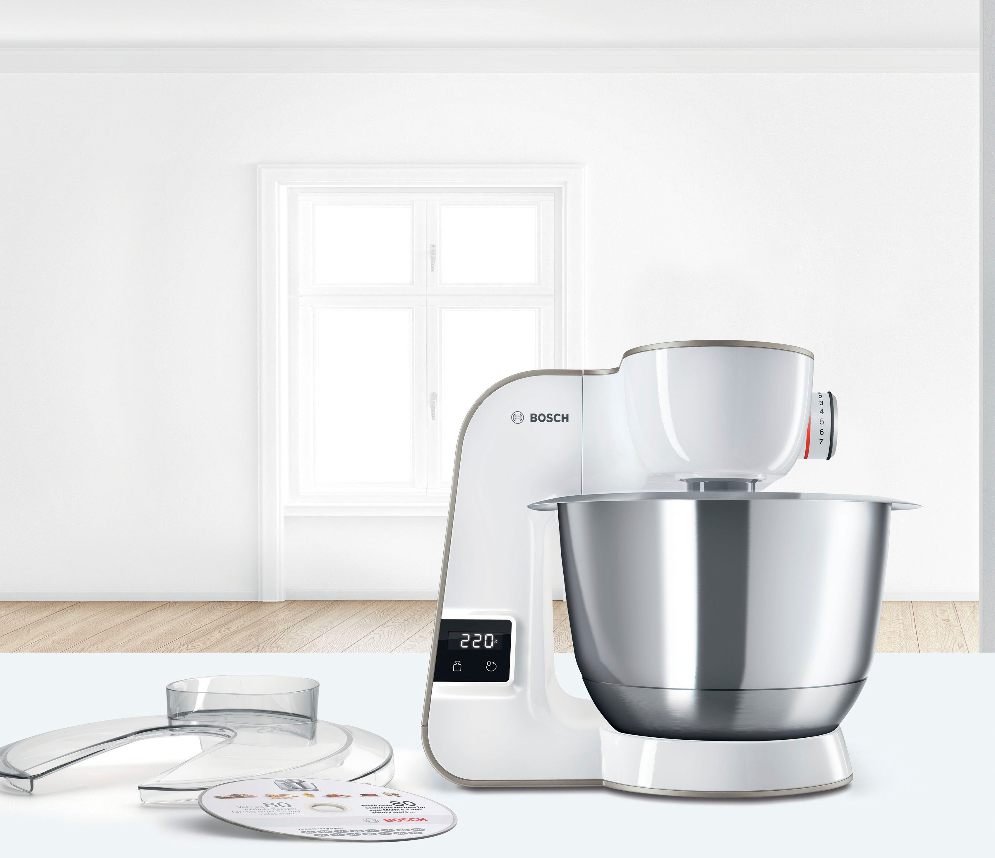 BOSCH Küchenmaschine Serie 4 MUM5XW40, integr. Waage, Durchlaufschnitzler, weiß/champagner, 1000 W, 3,9 l Schüssel, 4 Scheiben, Mixer, Fleischwolf, Zitruspresse – Bild 4 von 5