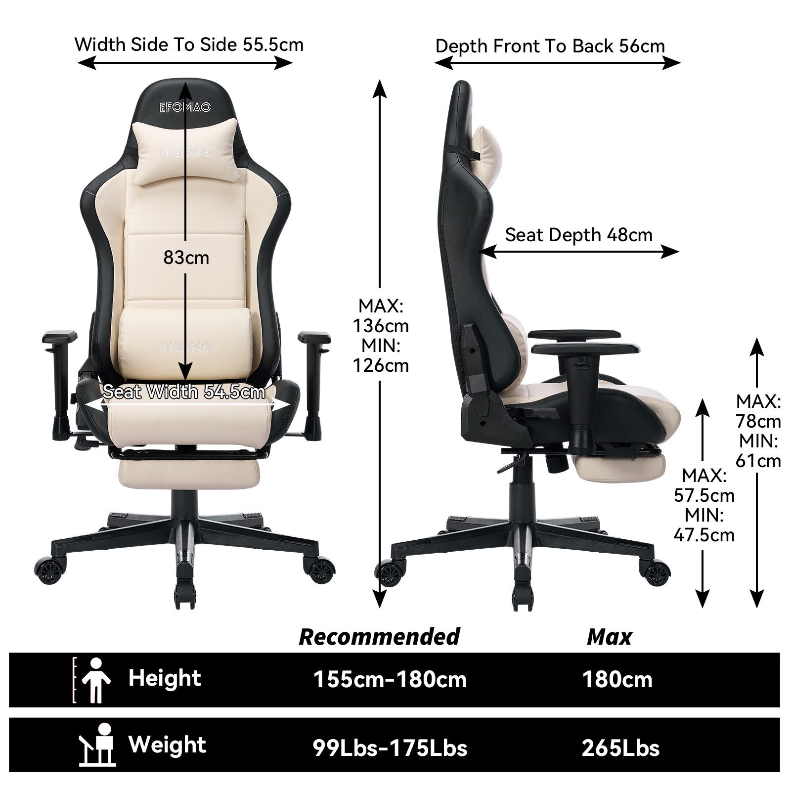 EFOMAO Gaming-Stuhl ergonomischer Bürostuhl mit ausziehbarer Fußstütze & Lendenkissen (1 St), 155° Liegefunktion, Höhenverstellbare Armlehnen, Belastbar bis 120 kg