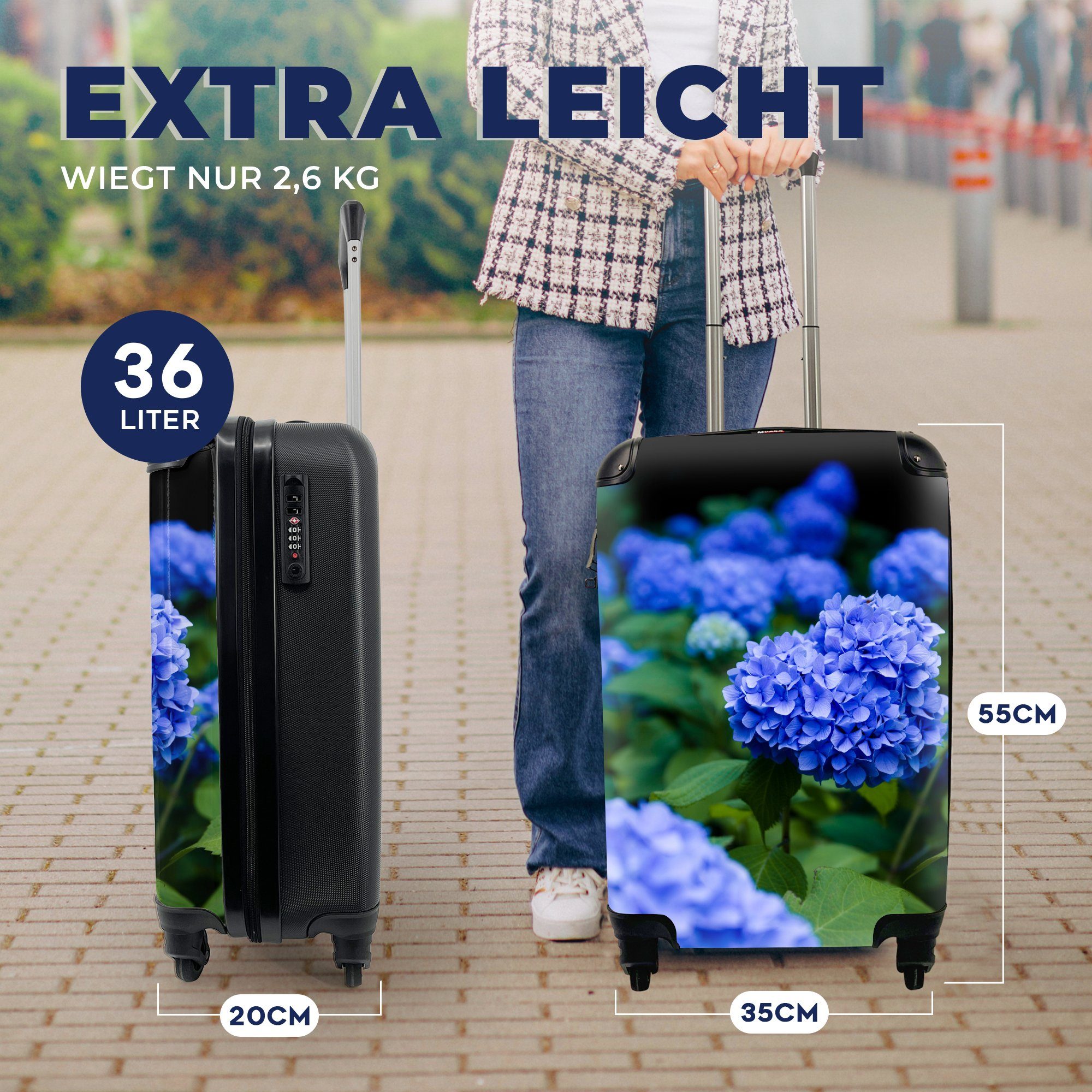 Handgepäck blaue Hortensienblüten, Trolley, Ferien, mit Nahaufnahme Handgepäckkoffer Rollen, Reisetasche für MuchoWow Reisekoffer rollen, 4