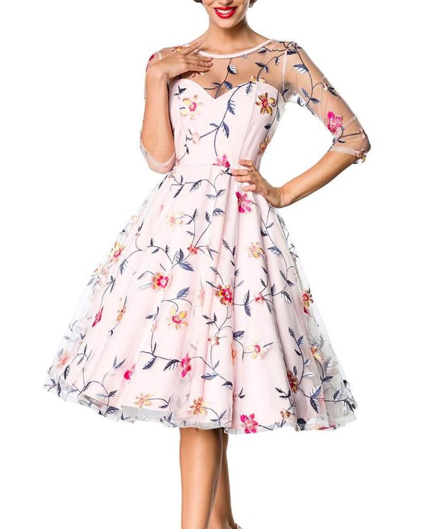Atixo Minikleid Rosa geblümtes knielanges Swing Kleid im High Waist Schnitt mit Netz u
