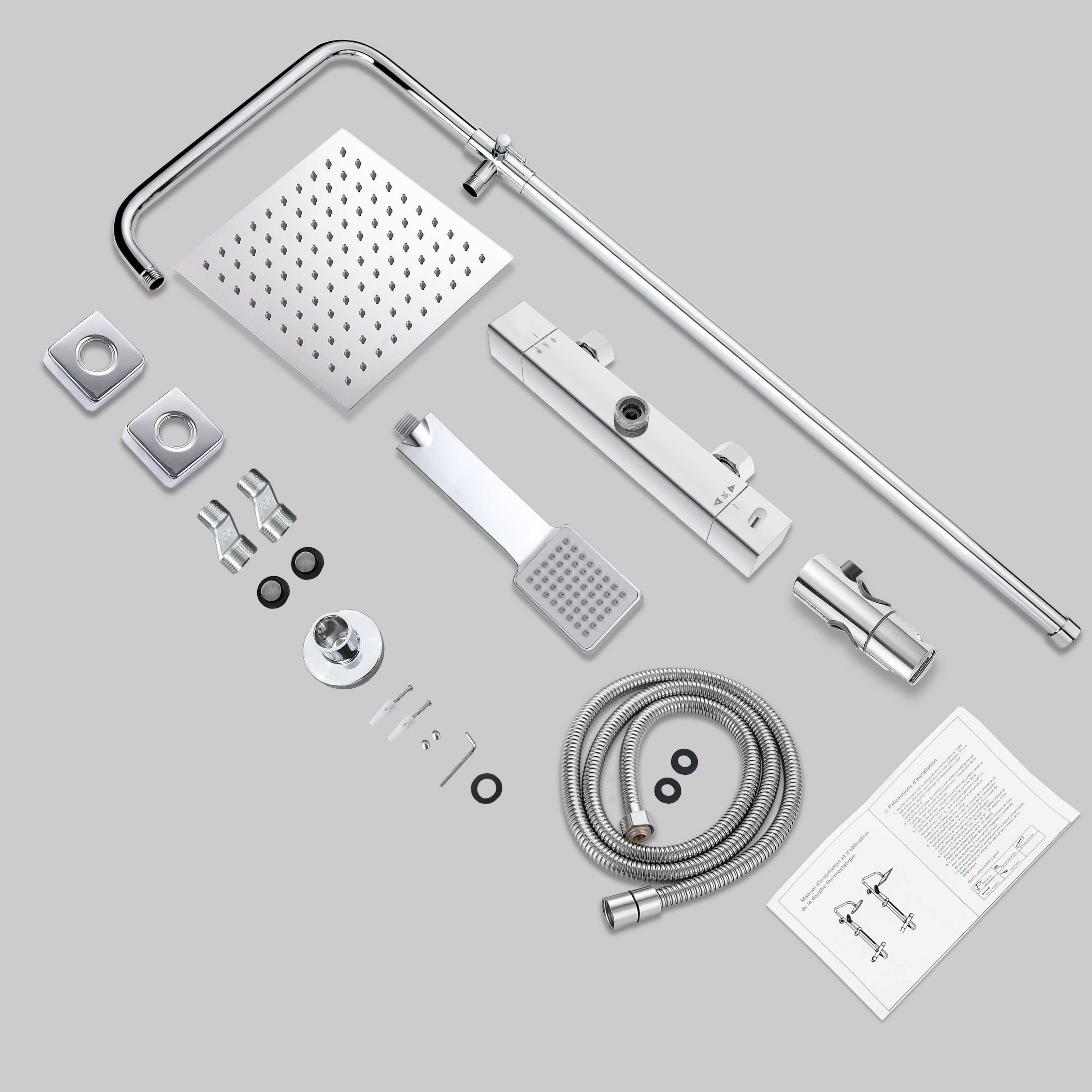 Aica Sanitär Duschsystem Thermostat Duschset Regendusche Massage Handbrause höhenverstellbar, 3 Strahlart(en), Thermostat-Duschset, Komplettset mit Regendusche  – Bild 5 von 5