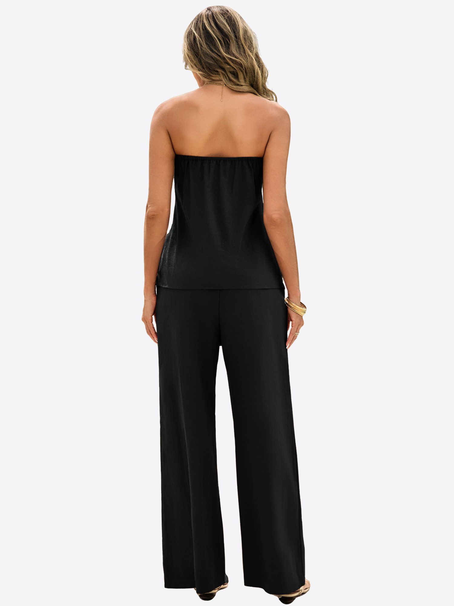 Imily Bela Hausanzug Damen Zweiteilig Schulterfrei Plissierter Oberteil mit weiter Hose (Packung, 2 tlg., 2er-Pack, Top+Hose) in Unifarbe aus Baumwolle