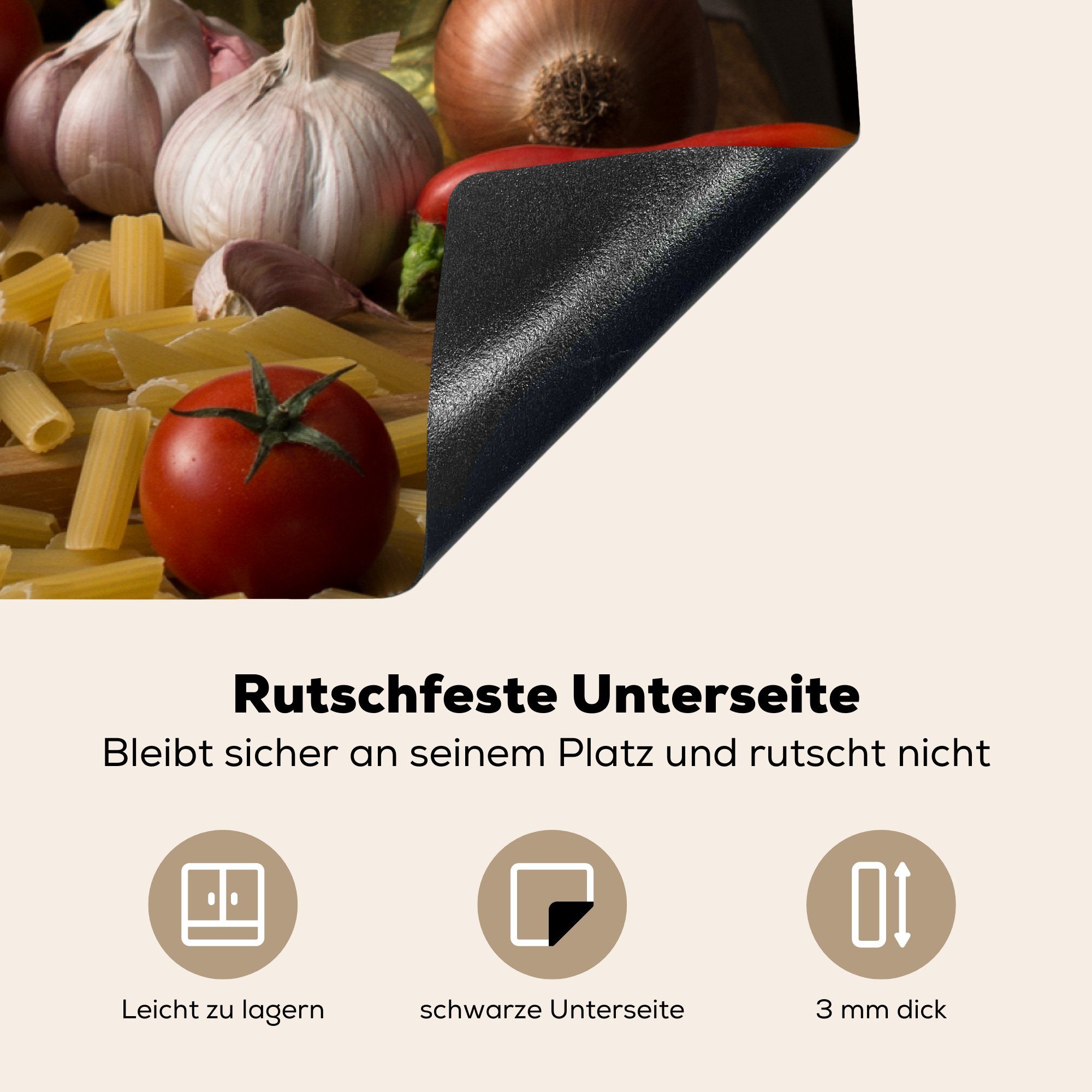 Ceranfeldabdeckung Induktionskochfeld (1 - küche, Vinyl, für -, cm, Schutz - Gemüse - Tomate Stillleben Aus tlg), 81x52 - die Schneidebrett MuchoWow Herdblende-/Abdeckplatte Pasta -