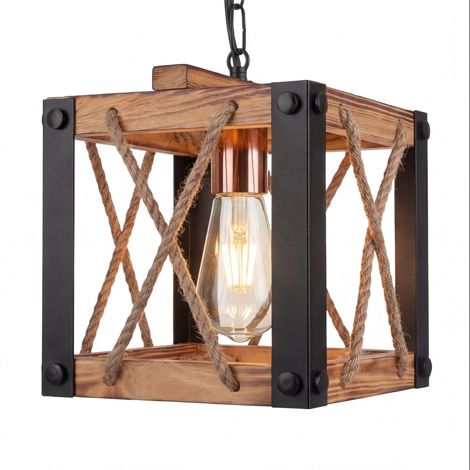 Licht-Erlebnisse Pendelleuchte SELMAR, ohne Leuchtmittel, Rustikal Metall geflammtes Holz 20 cm breit H: max. 85 cm für E27
