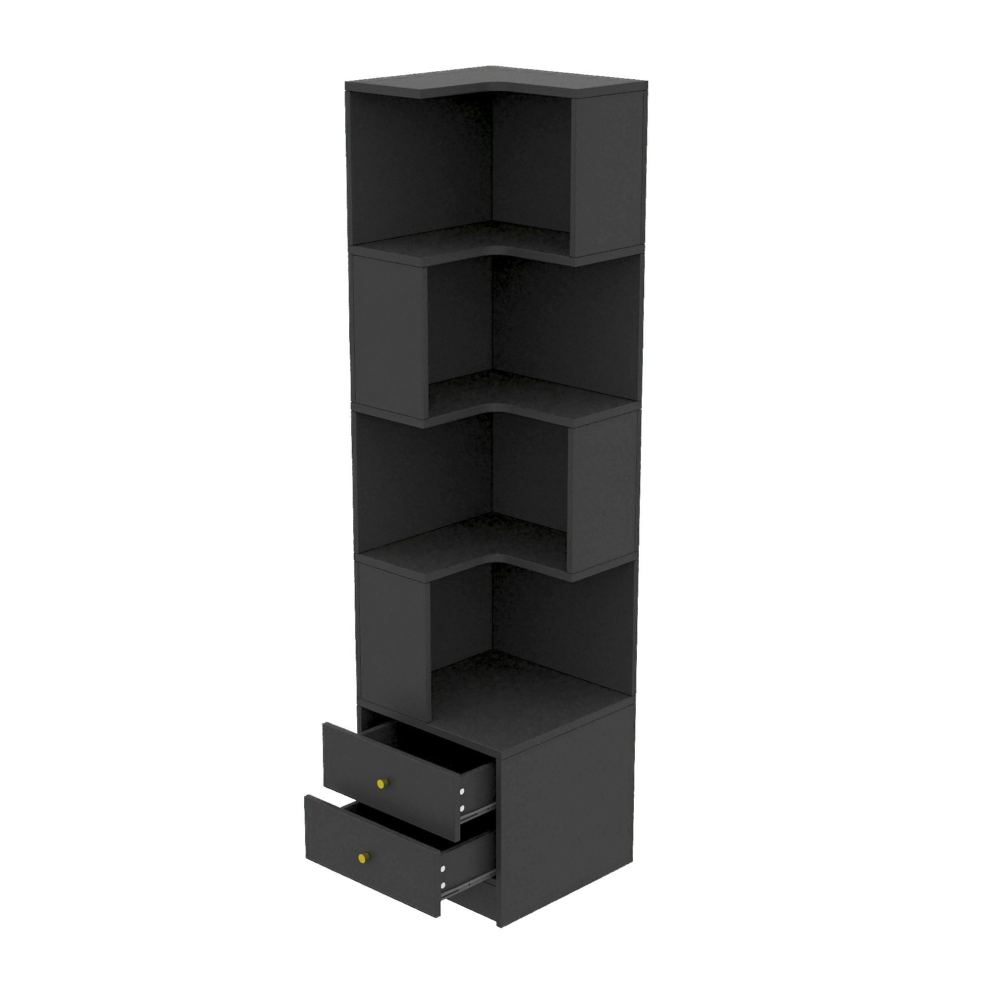 Flieks Bücherregal Standregal Eckregal mit LED-Beleuchtung und 6 Ebenen/5 Ebenen, B63,5/T45/H180 cm 1-tlg., Eckbücherregal mit 4 Fächer&2 Schubladen L-förmig Ho – Bild 5 von 5