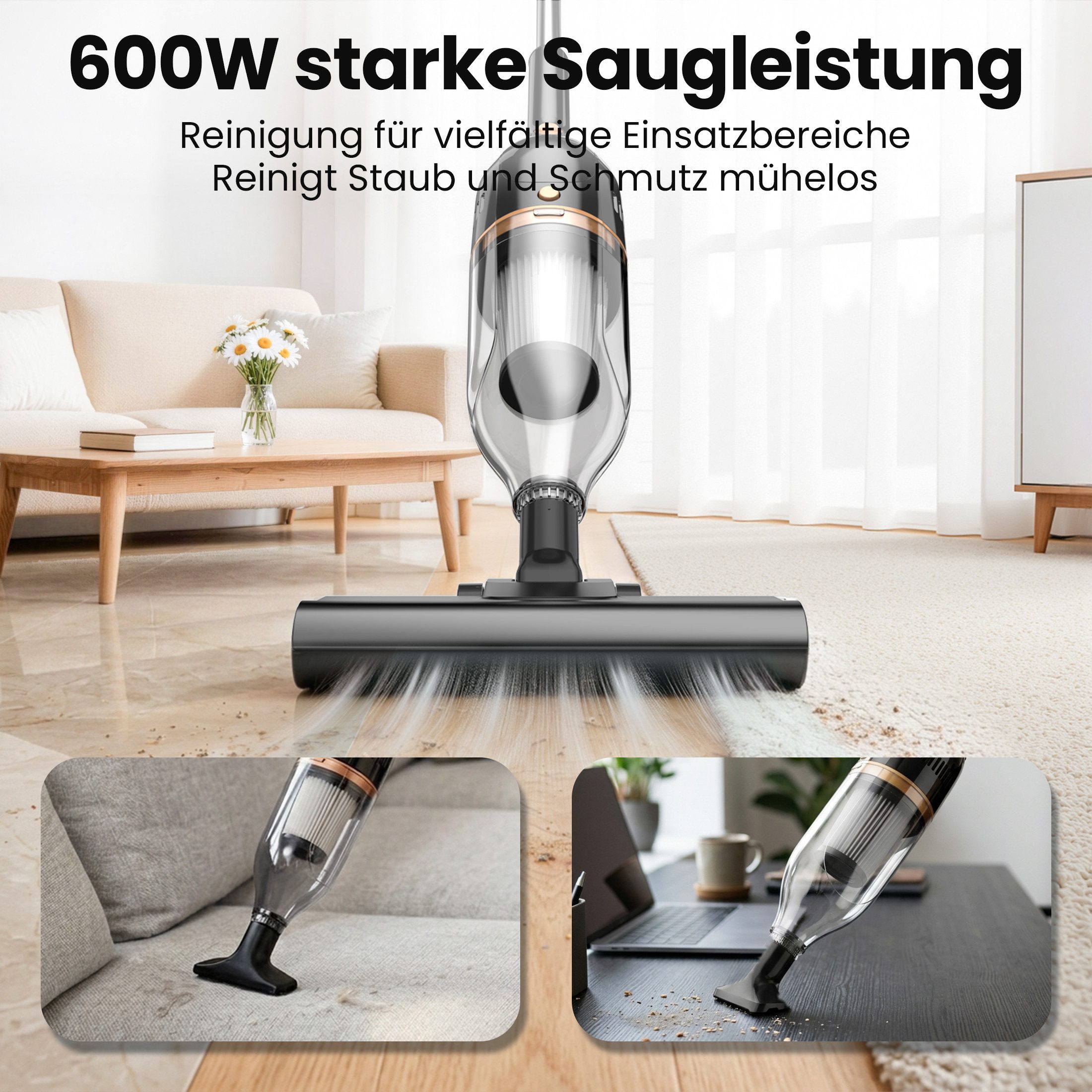 INSE Hand-und Stielstaubsauger R7 Kabelgebundener Stabstaubsauger, 600 W, beutellos, Leichtgewicht,kabelgebunden,600W Hochleistungsmotor