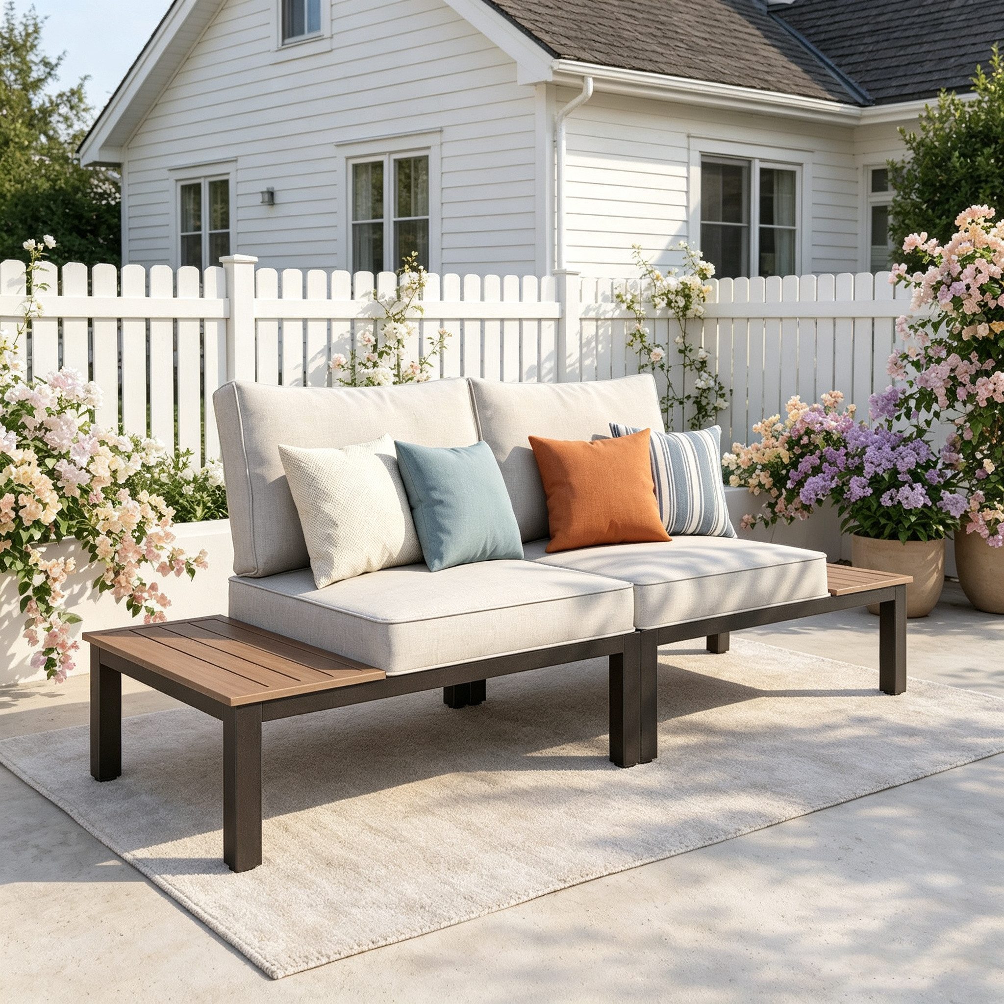 PHI VILLA Gartenlounge-Set, (Gartenmöbel Balkonmöbel mit Verstärkten Kissen und Kaffeetisch), Metall Lounge Möbel Outdoor Gartenlounge, Beige