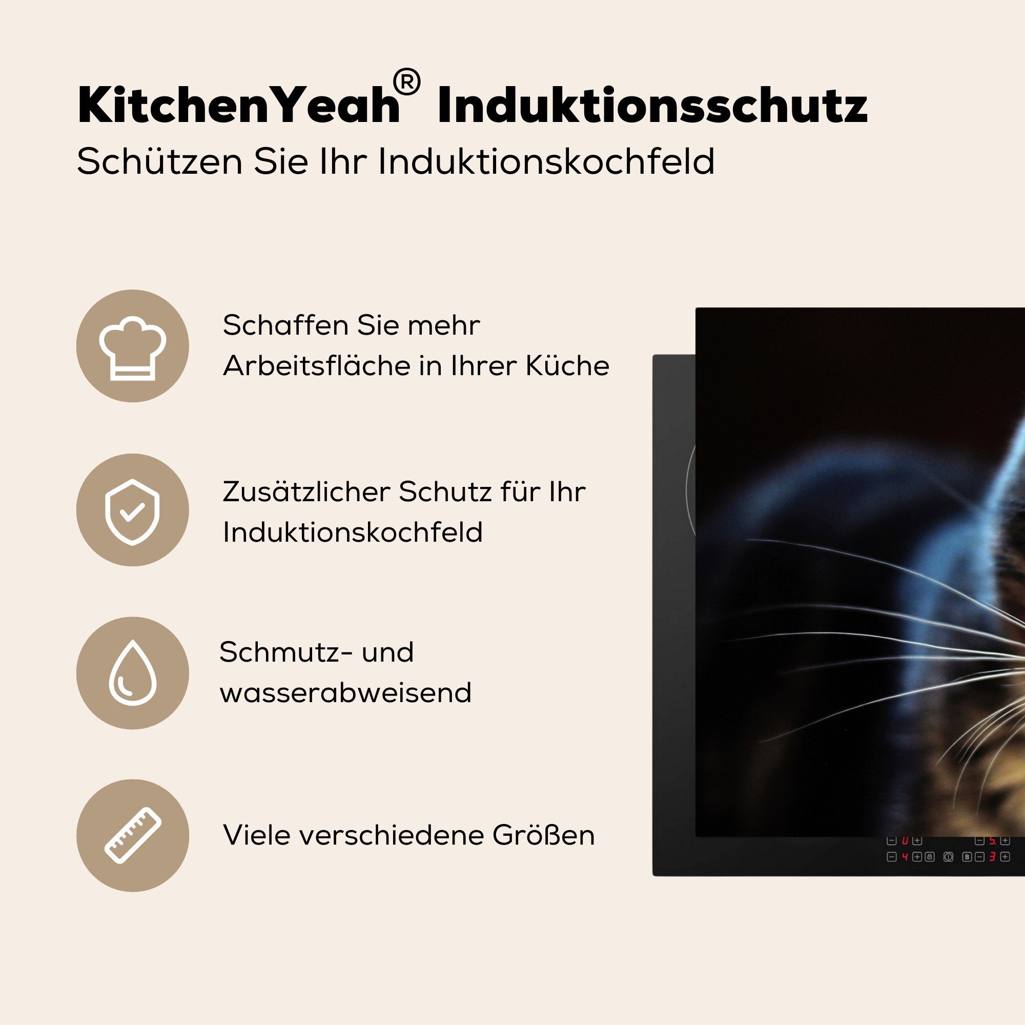 Katzen Herdblende-/Abdeckplatte Ceranfeldabdeckung - Vinyl, Tiere Induktionsmatte - küche, die Grau, MuchoWow cm, tlg), für - 85x52 (1 Augen