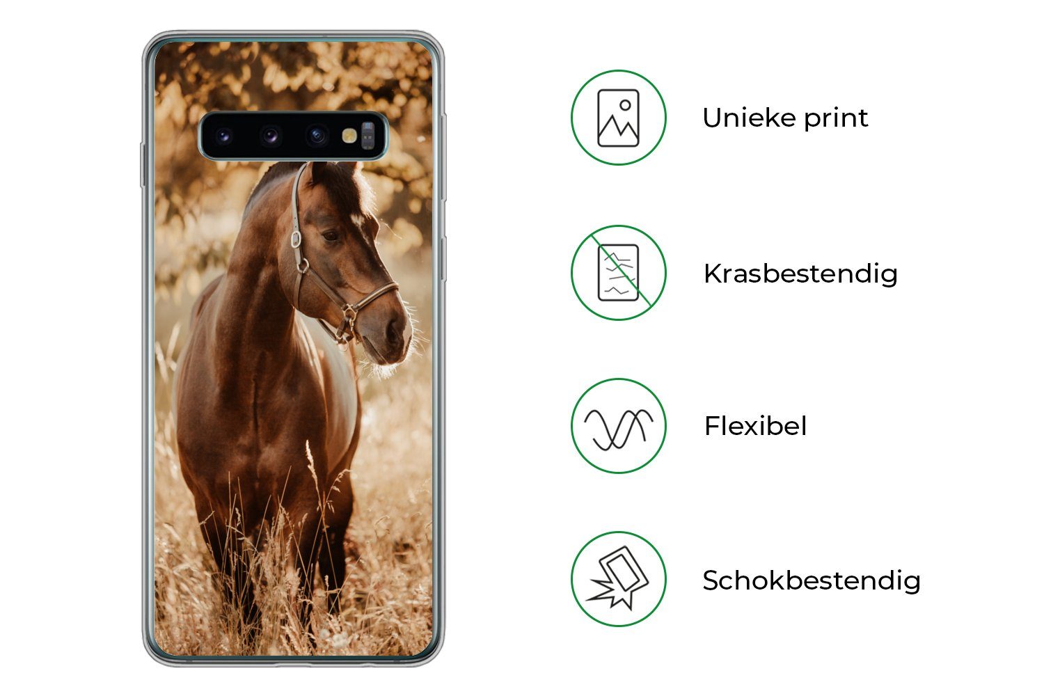 MuchoWow Handyhülle für Samsung Galaxy S10 Pferd - Sonne - Porträt - Natur - Braun, Phone Case, Silikon, Schutzhülle Dünn