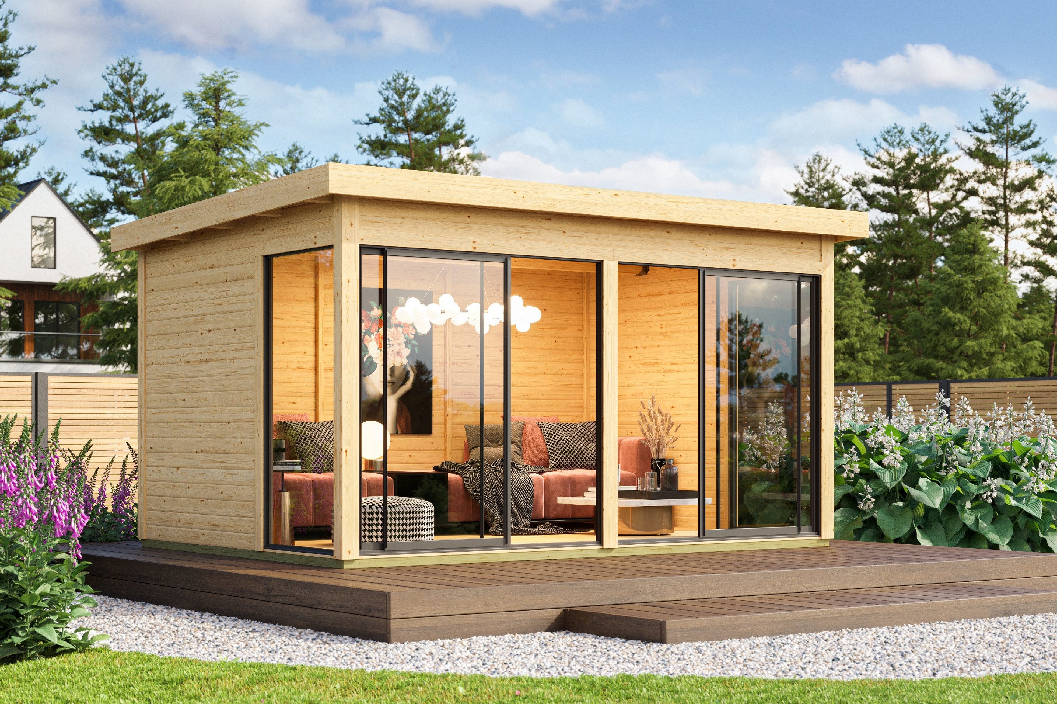 Karibu Gartenhaus Gerätehaus Holzhaus mit Schiebetüren Frisco, BxT: 433x308 cm, 38mm Wandstärke,nordische Fichte, Made in Germany, 13m²