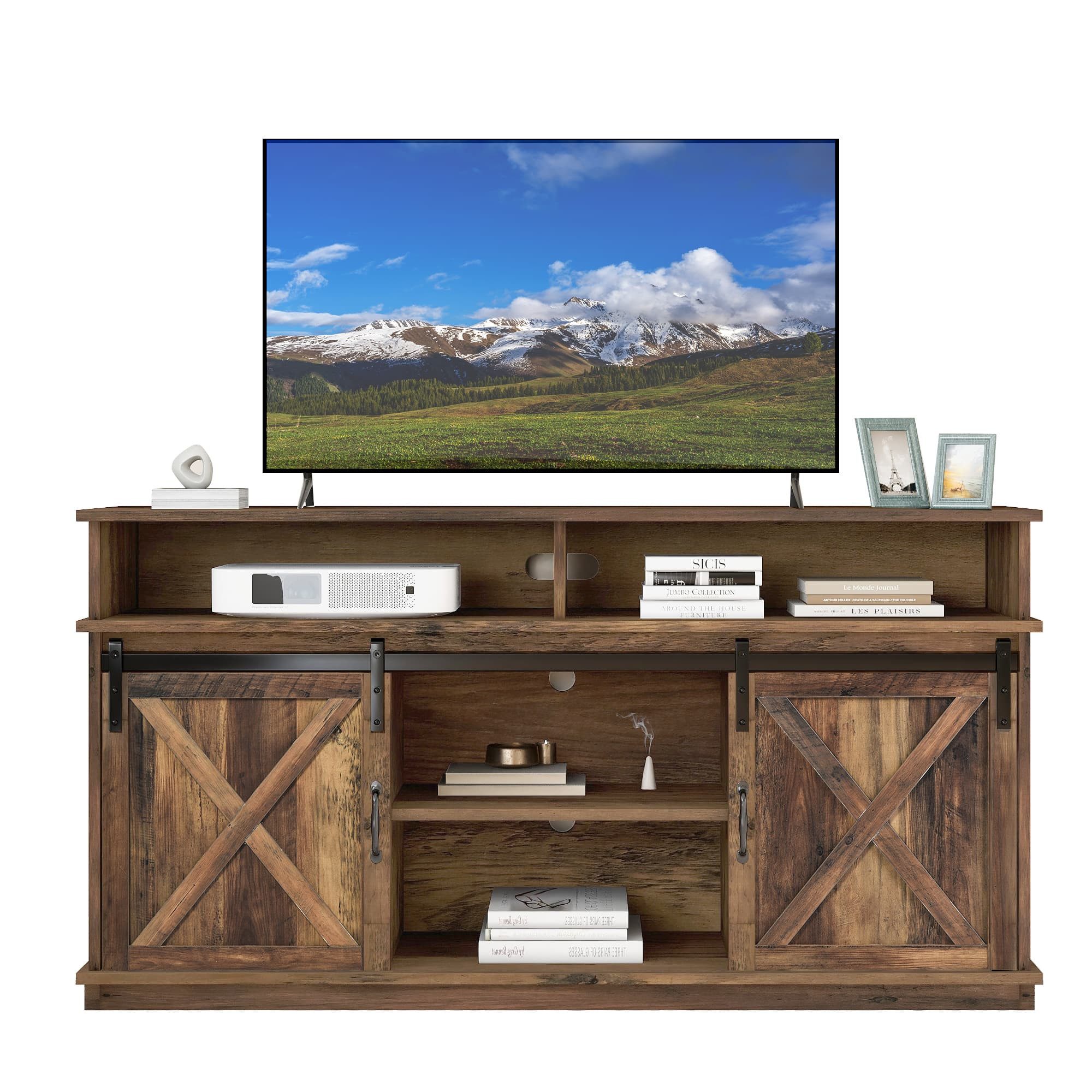 autolock TV-Schrank TV-Schrank im Landhausstil mit Schiebetüren & verstellbaren Regalen (Fernsehschrank 148 cm für 32-65 Zoll Fernseher) Sideboard TV-Board Kommode für Wohnzimmer Schlafzimmer