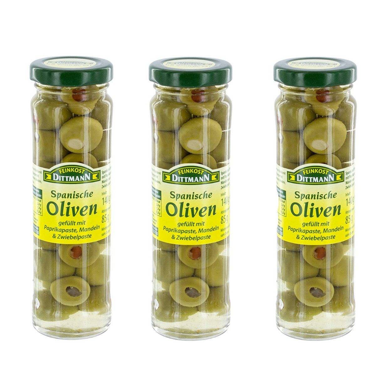 Feinkost Dittmann Gemüsekonserve, Feinkost Dittmann Spanische Oliven mit pikanter Füllung 140g 3er Pack