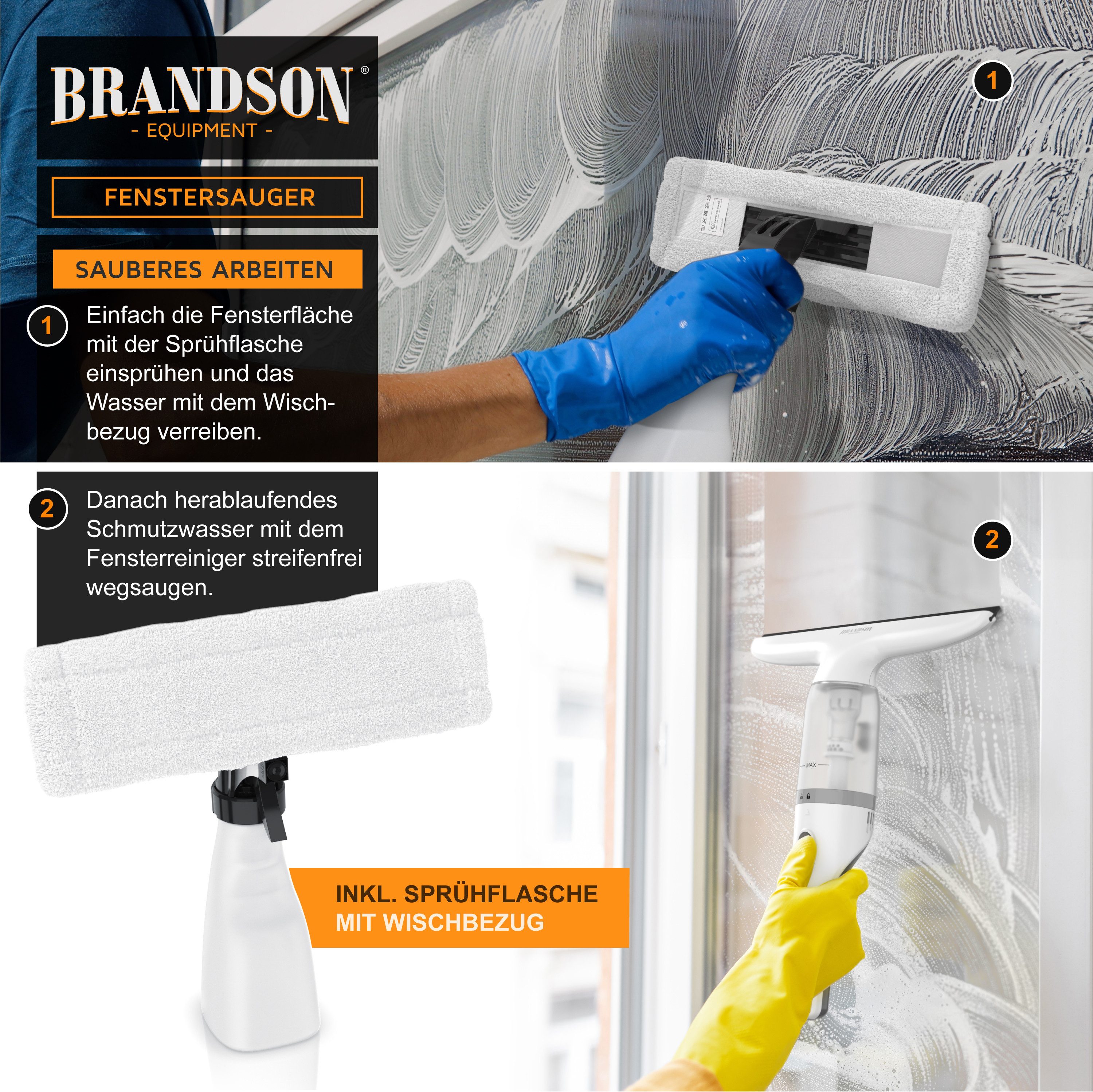 Brandson Akku-Fenstersauger Fensterreiniger inkl. Sprühflasche mit Wischbezug, 28 cm Saugdüse, Laufzeit ca. 30 minuten, für Fenster Duschkabine Spiegel, 2200 mAh