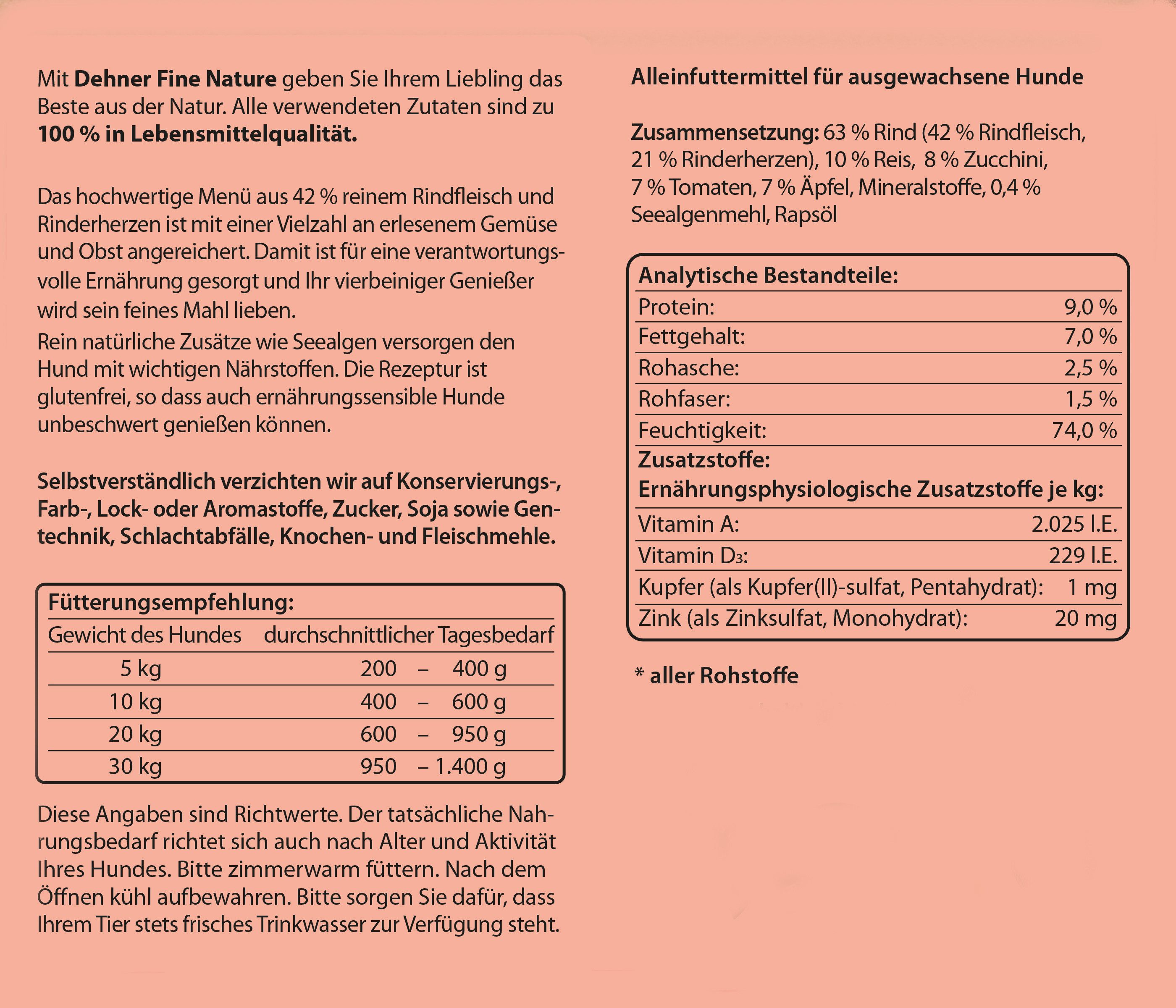 Dehner Fine Nature Adult Rind / Reis / Zucchini, 6 x 200 / 400 / 800 g Dose Rind, Nassfutter für: Hunde, Nassfutter für ausgewachsene Hunde
