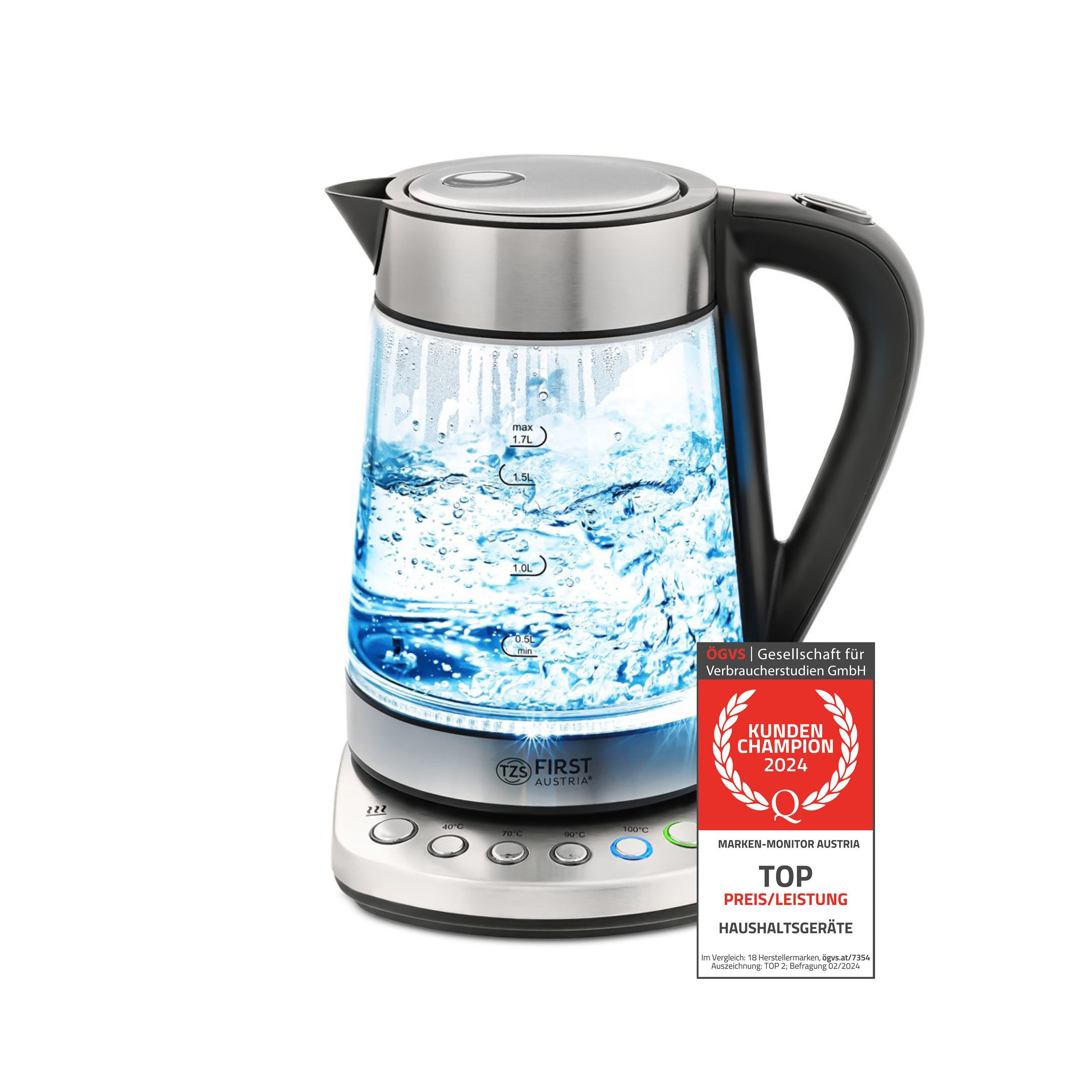TZS FIRST AUSTRIA Wasserkocher Glaswasserkocher 1,7 L, mit Kalkfilter, 2200 Watt, Innenbeleuchtung, 1.7 l, 2200 W, kabellos, Trockenkochschutz, 360° Grad Anschluss-Sockel