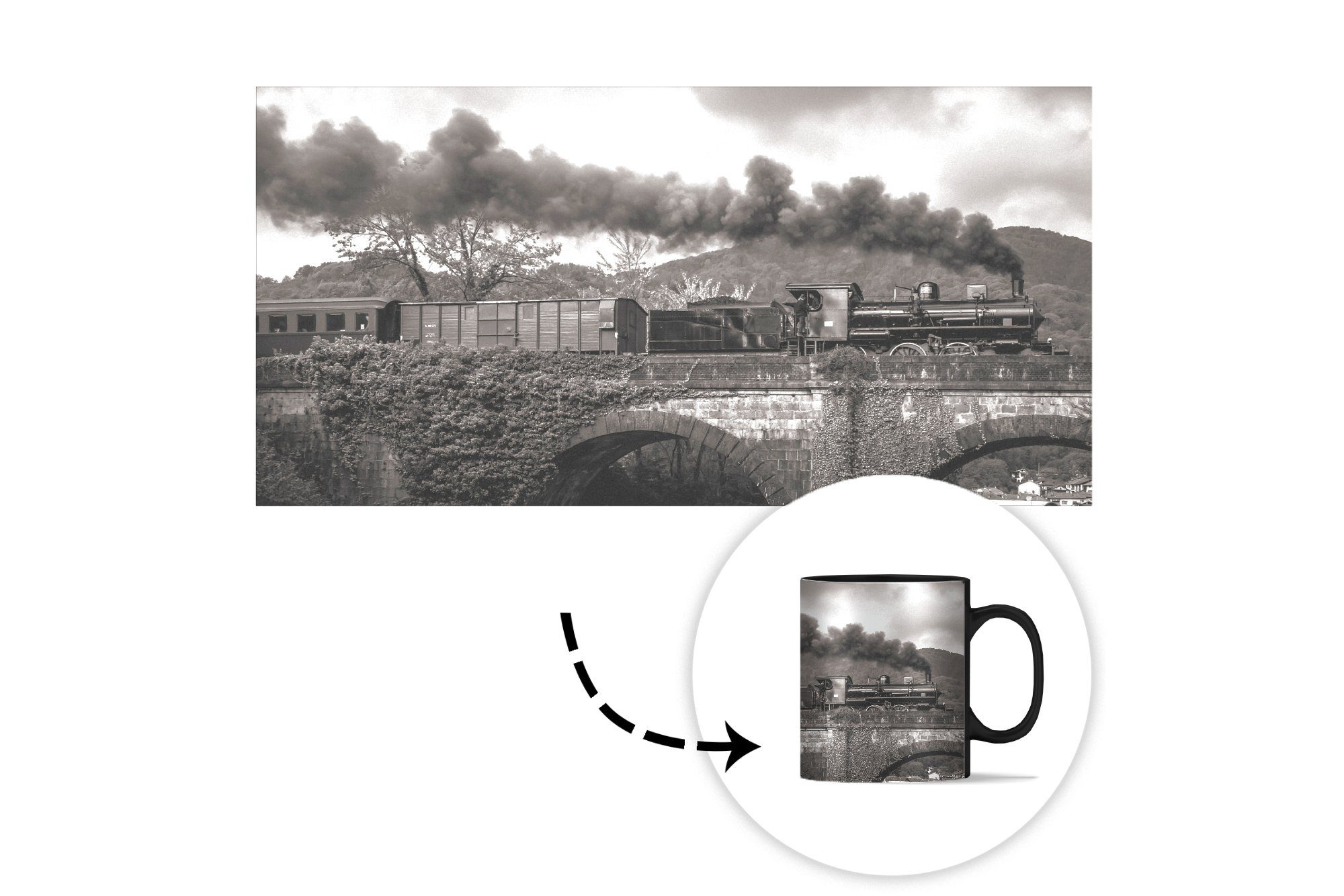 Teetasse, Illustration Dampflokomotive, Schwarz-weiße Farbwechsel, Tasse Kaffeetassen, Keramik, Zaubertasse, einer Geschenk MuchoWow