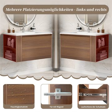 Sweiko Waschbeckenunterschrank mit Keramikwaschbecken, mit Schubladen (76cm Breit) Modernes Design Braun