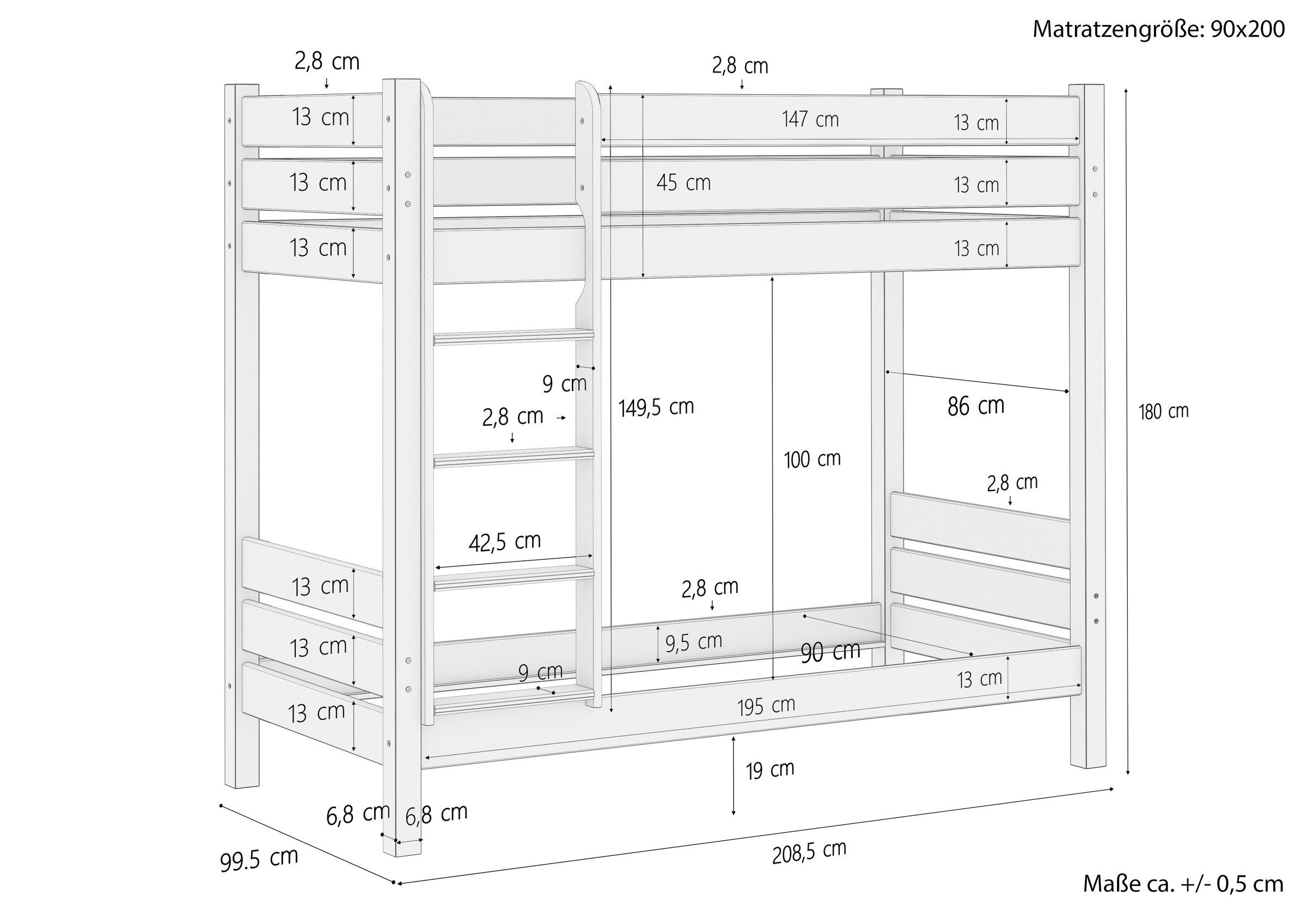 ERST-HOLZ Etagenbett + Etagenbett weiß 2 Erwachsene für in Kiefer Rollroste aus