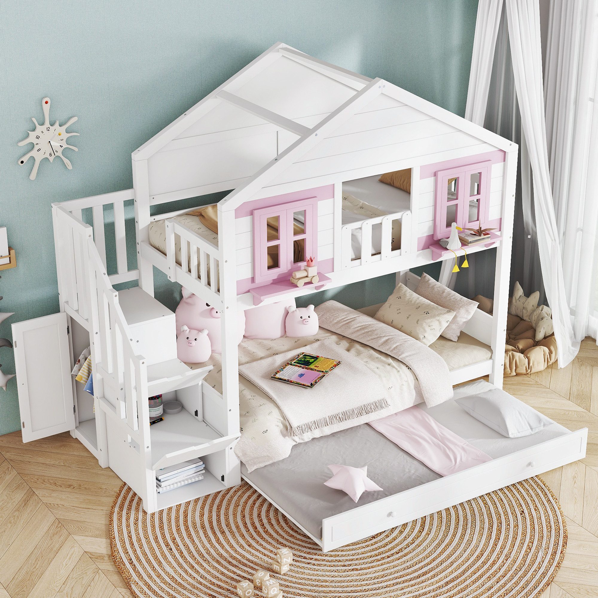 Flieks Etagenbett, Kinderbett Hausbett 90x200cm mit Ausziehbett 90x190cm & Stauraumtreppe