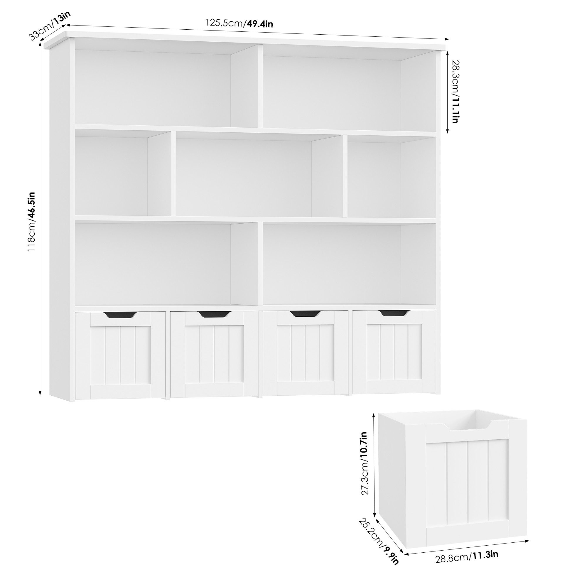 Homfa Kinderregal mit 4 Spielzeugkisten auf Rollen, Spielzeugregal mit 7 offenen Fächern Spielzeugtruhe 125x118x33cm weiß