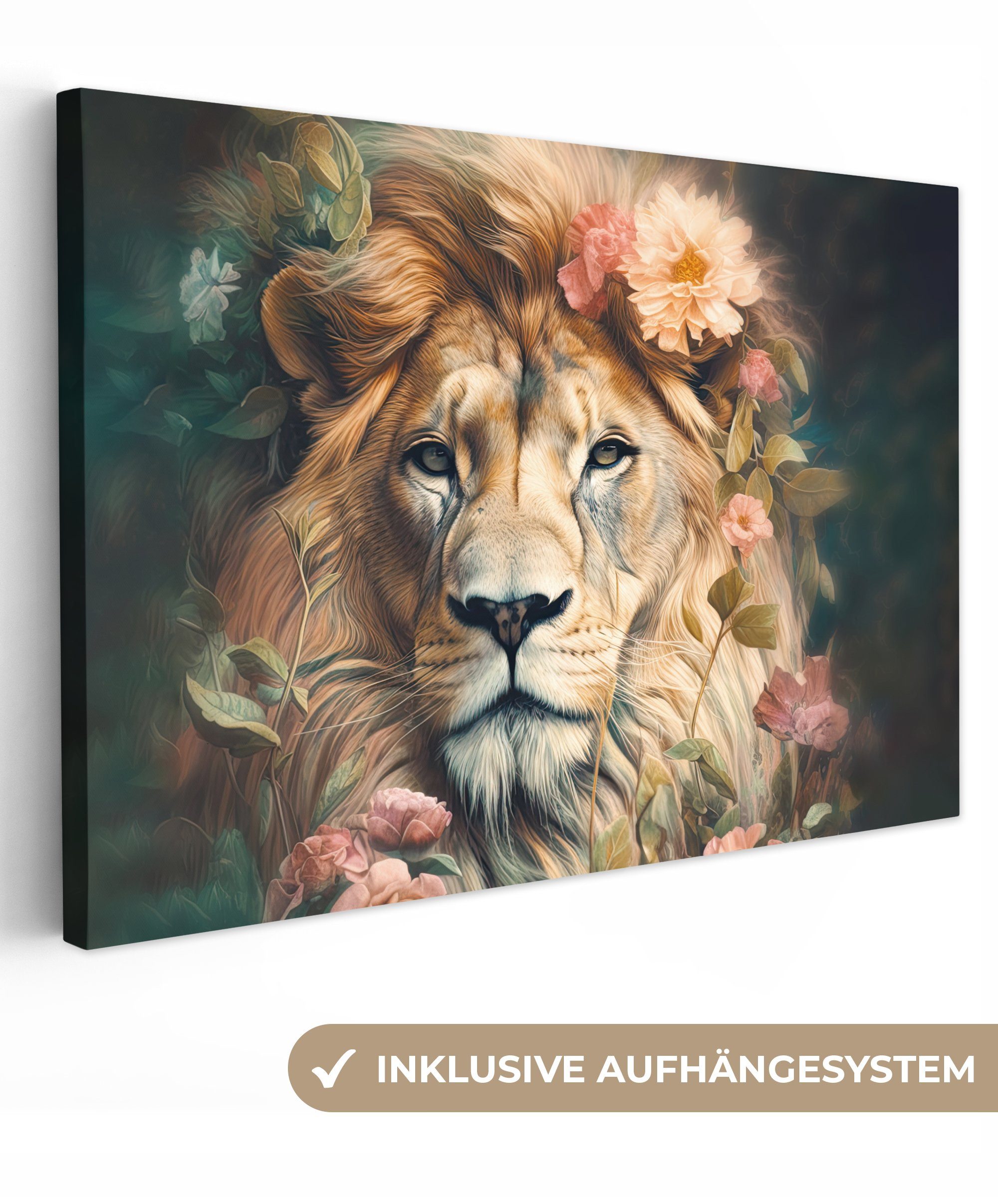 OneMillionCanvasses® Leinwandbild Löwe - Löwenkopf - Wilde Tiere - Blumen, (1 St), Wandbild Leinwandbilder, Aufhängefertig, Wanddeko, 30x20 cm