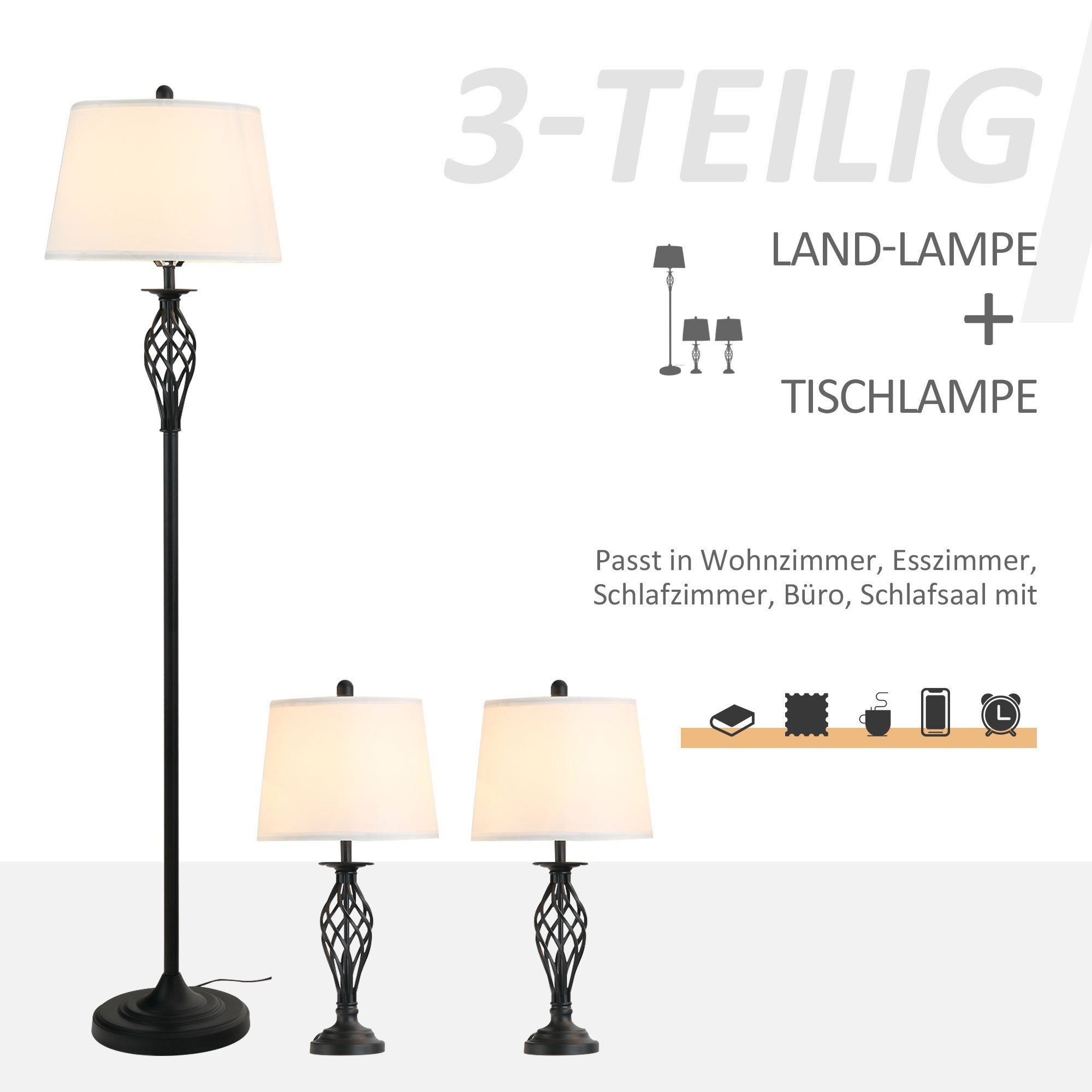 HOMCOM Stehlampe 3er-Lampenset 2 Tischlampe Standlampe mit Fußschalter Leselampe, Metall, PS, Polyester, Baumwolle, Vintage, Schwarz+Weiß – Bild 4 von 5
