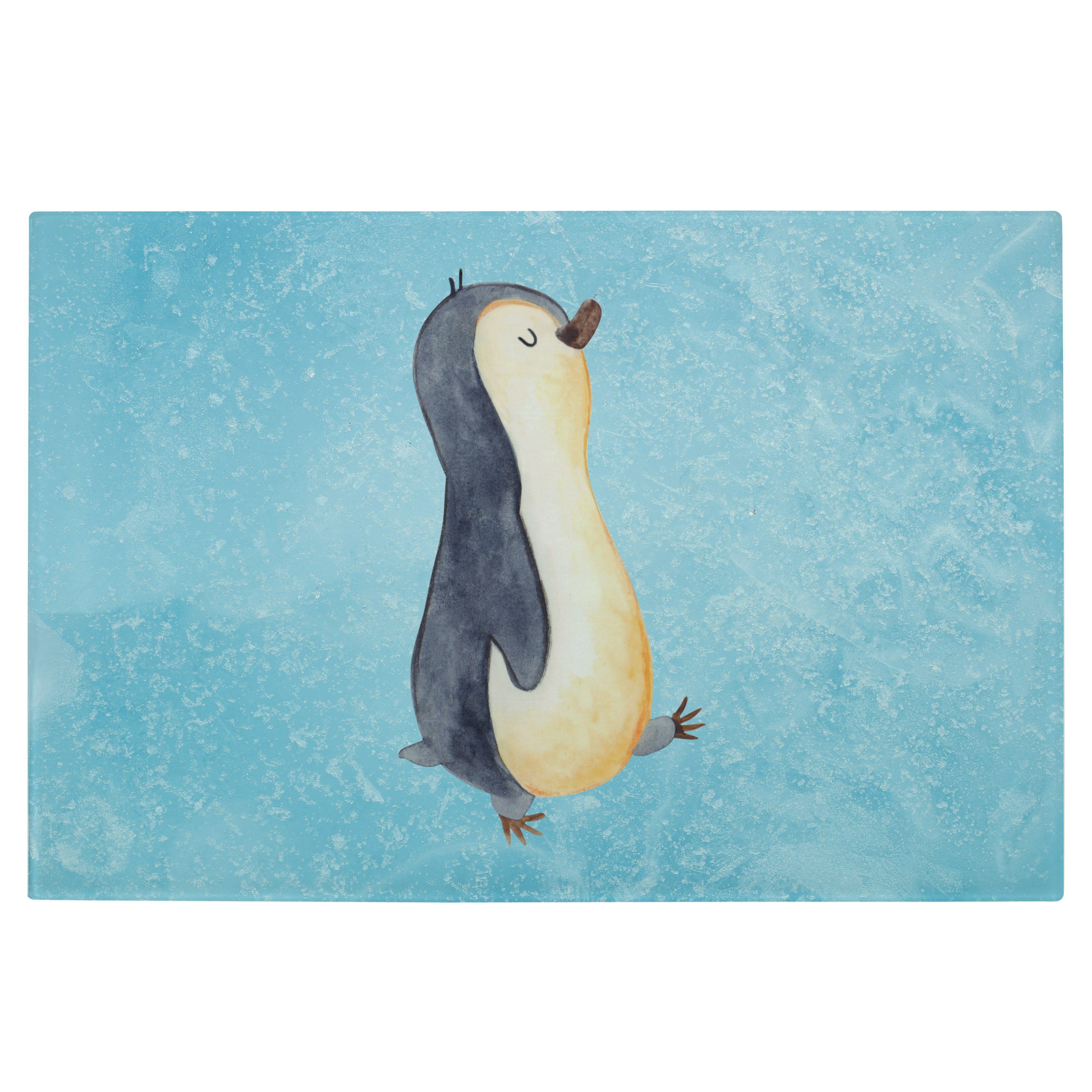 Mr. & Mrs. Panda Servierbrett Pinguin marschierend - Eisblau - Geschenk, Frühaufsteher, Pinguine, S, Premium Glas, (1-St)