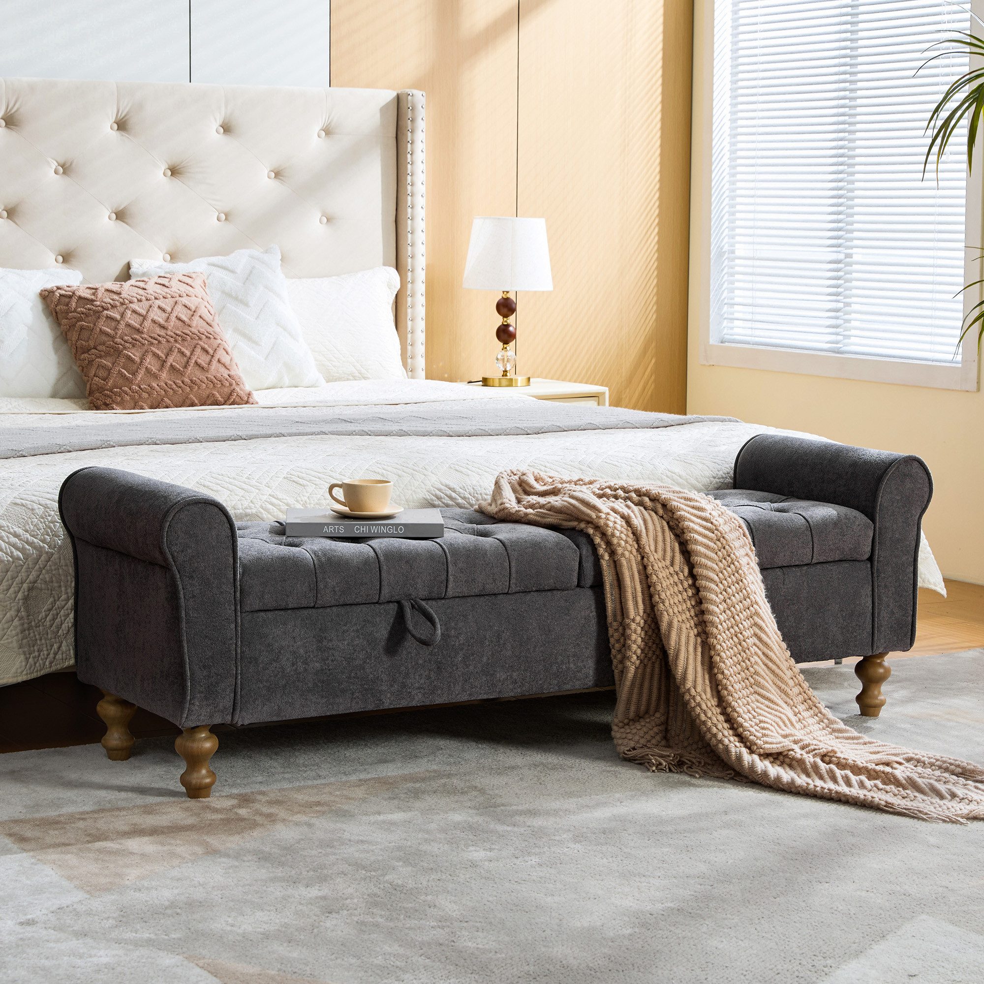 i@home Bettbank Hocker mit Stauraum (Sitzbank mit Stauraum Velours, 1-St., 2 Deckel, gerollte Armlehnen, Kautschukholzbeine), Betthocker für Schlafzimmer, Flur und Wohnzimmer