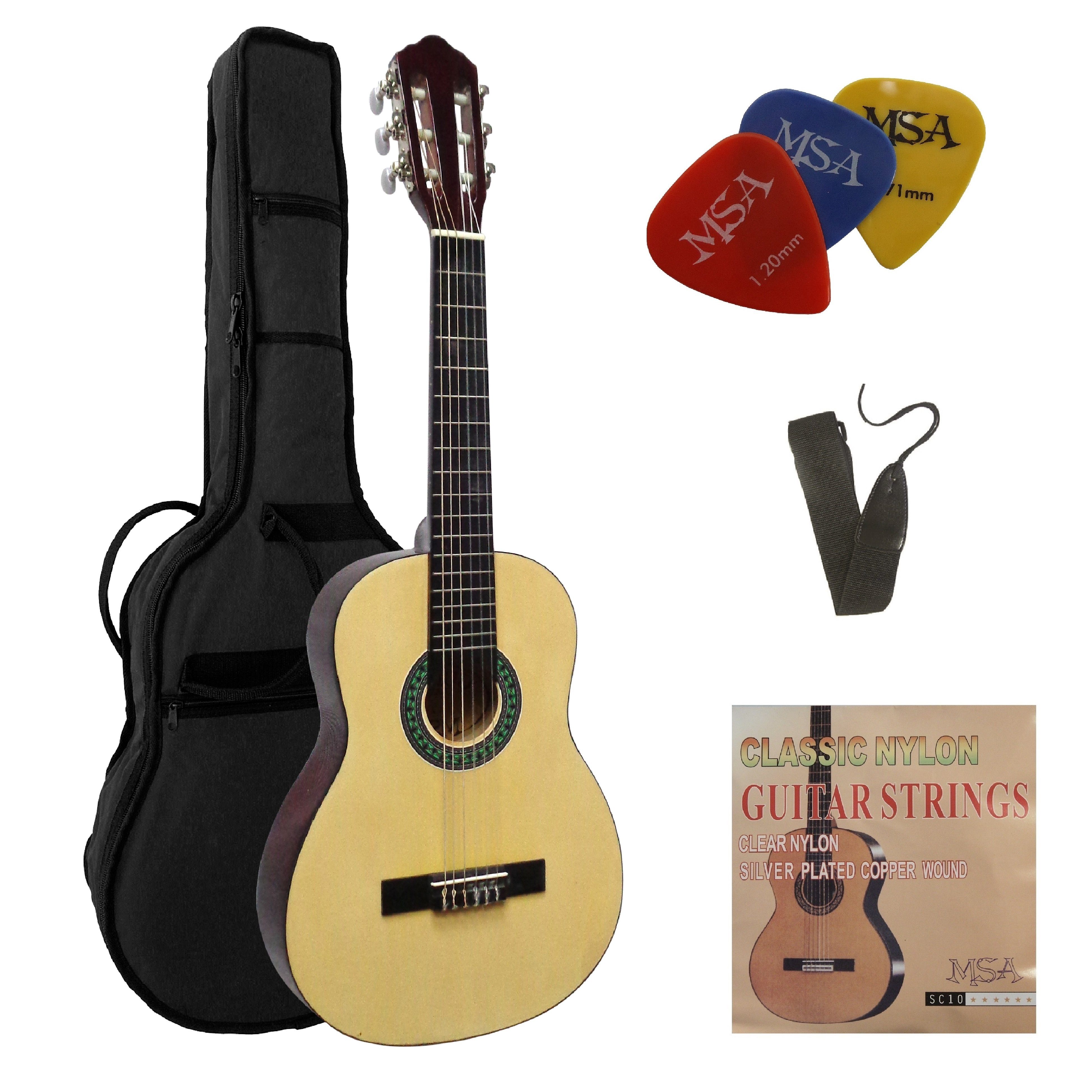 MSA Konzertgitarre 1/4 Kindergitarre Set Tasche Band Saiten 3xPlektron, Gitarre aus Lindenholz Nylonsaiten