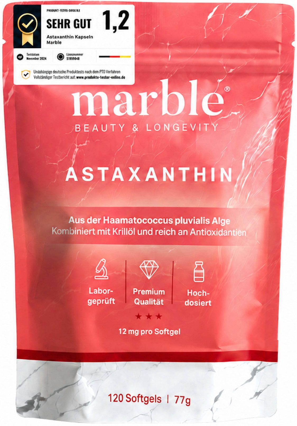 Marble Astaxanthin 12mg – 120 Softgels mit Krillöl, hochdosiert - marble® Kapseln, 77 g