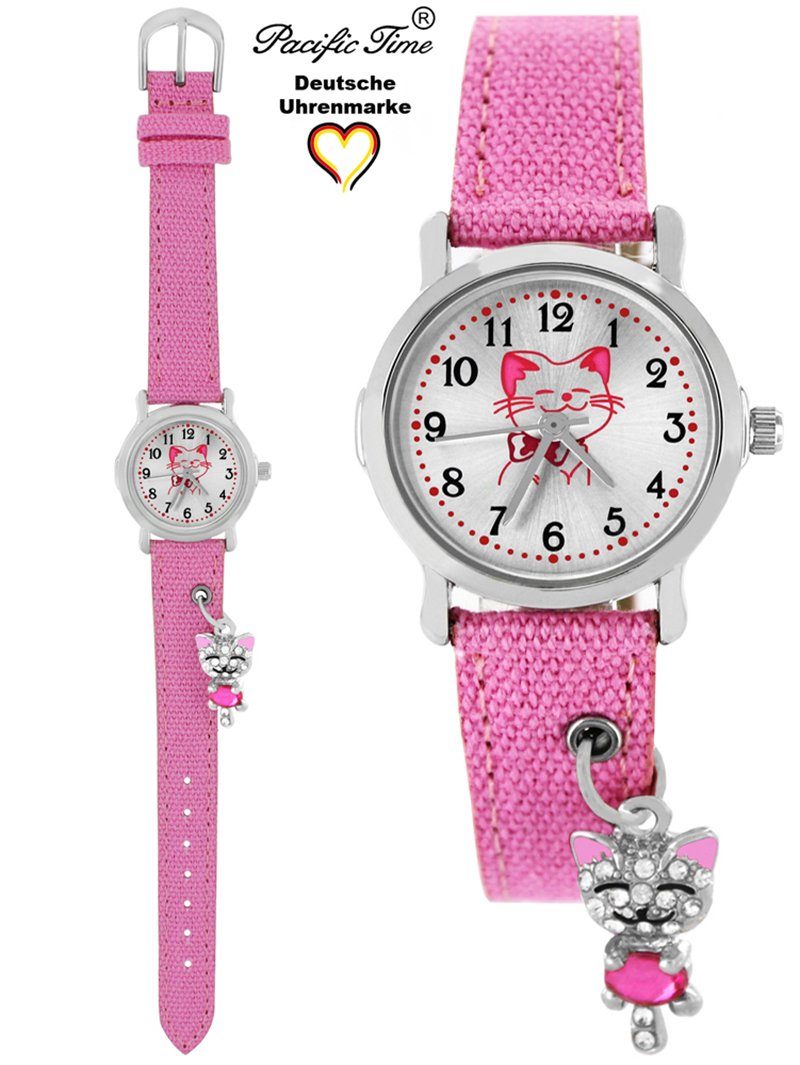 Versand Katzenanhänger rosa Time Pacific Stoffarmband, Gratis mit Kinder Armbanduhr Quarzuhr