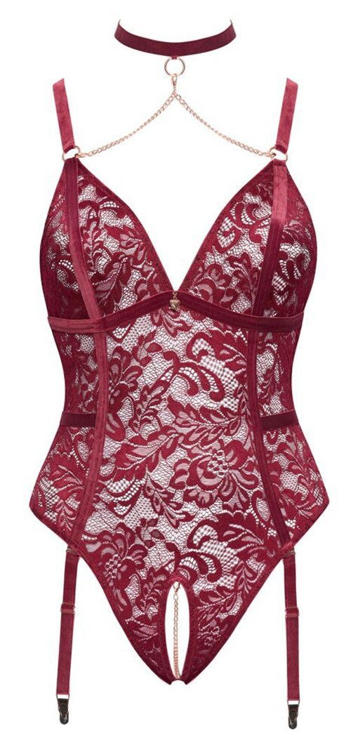 Cottelli CURVES Body Ouvert Spitzen-Body mit Kette im Schritt - rot (1-tlg) Roségoldfarbene Accessoires