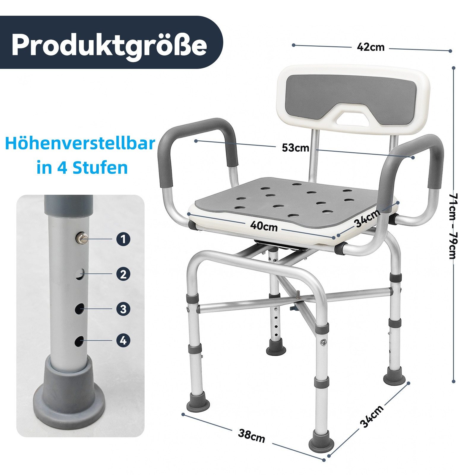 SEHAUSEU Dusch- und Badhocker 360°drehbar, höhenverstellbar, mit Lehne, Belastbarkeit maximal 150 kg