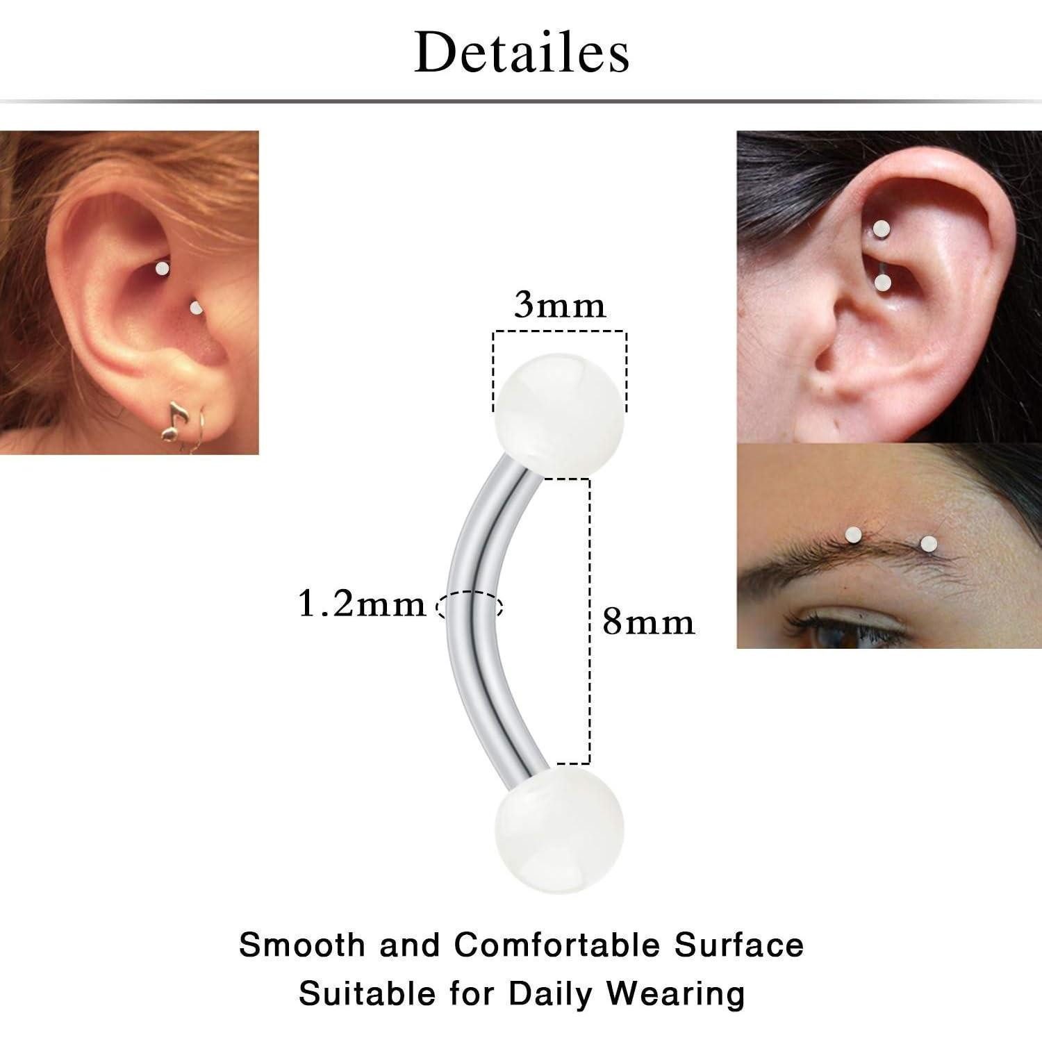 MODRSA Augenbrauenpiercing Chirurgenstahl Curved Barbell Piercing Set 6/8/10mm Kit