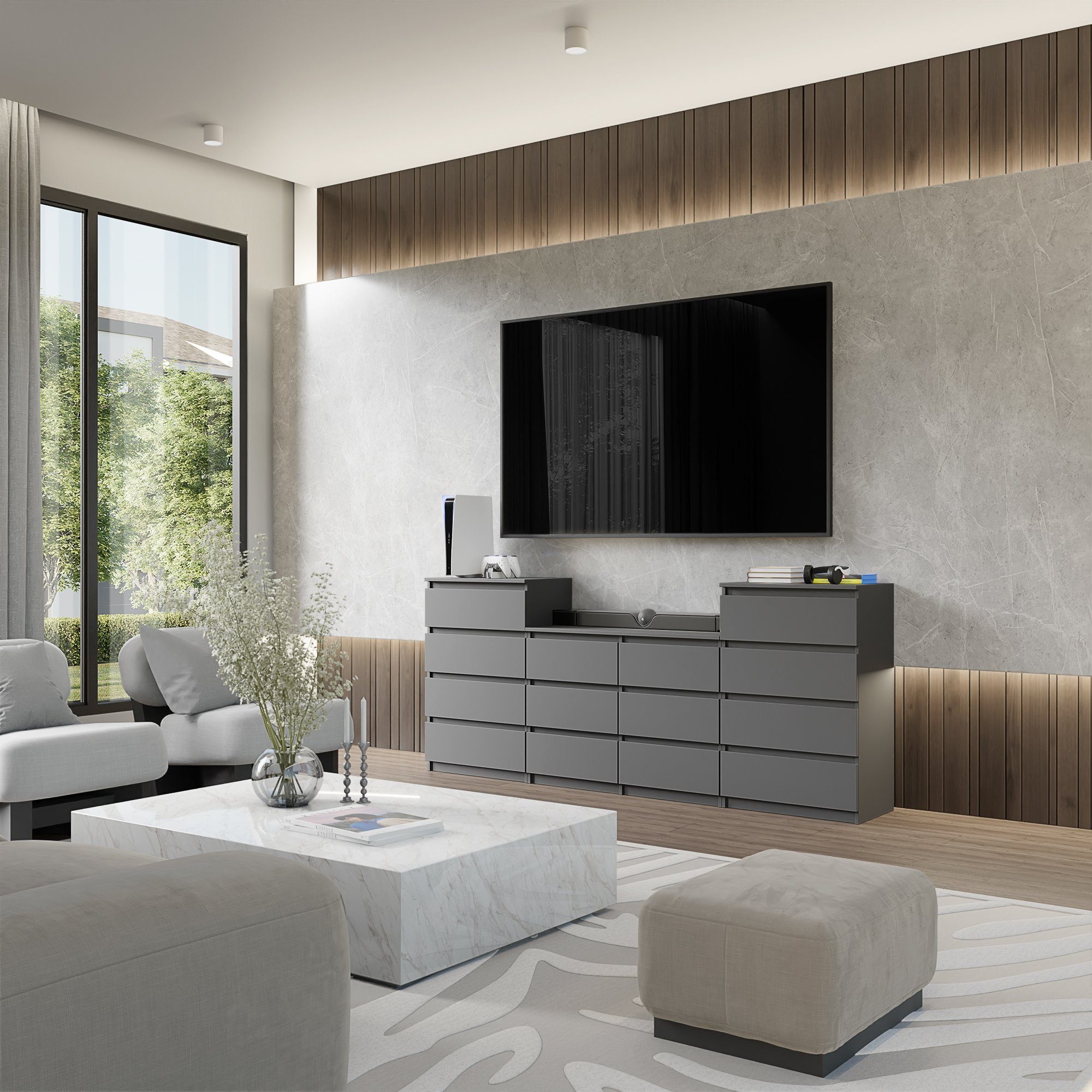 Furnica Kommode GABRIEL 4+6+4 Schubladen-Anthrazit Grau H92cm B220cm T33cm