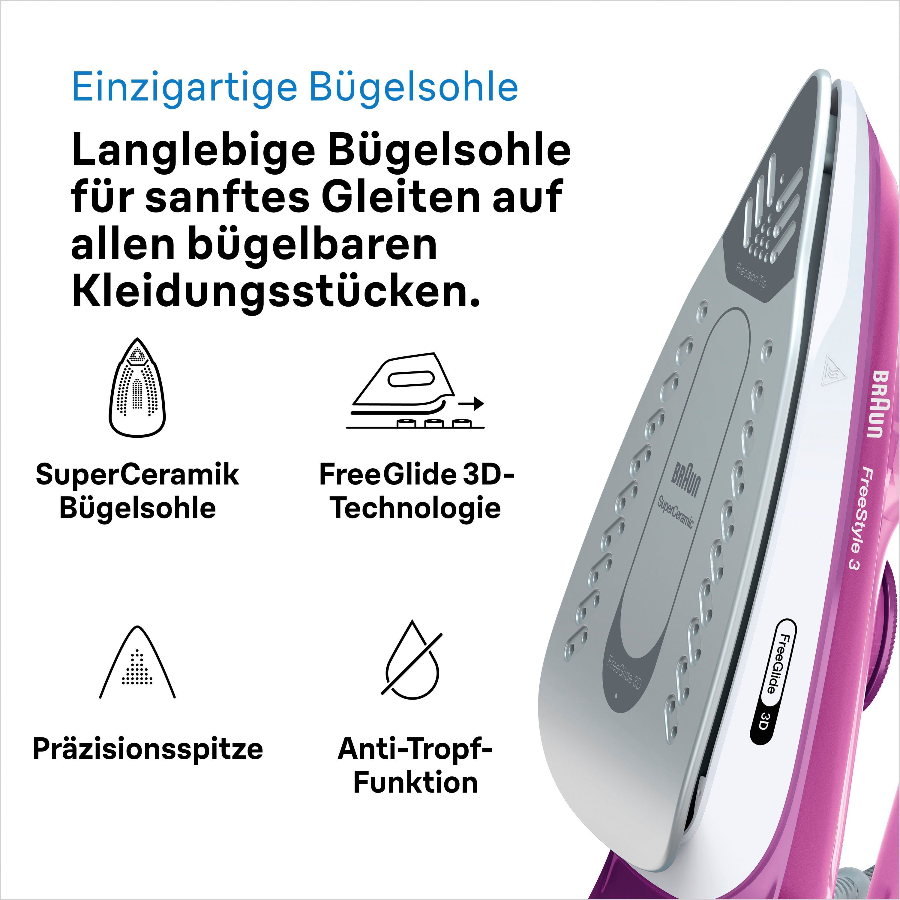 Braun Dampfbügeleisen FreeStyle 3 FI 3124 PU - 2.400 W, 170 g Dampfstoß, 270 ml Wassertank, 2400 W, 45 g Dampfmenge, SuperCeramic Bügelsohle, 35 Sek. Aufheizzeit