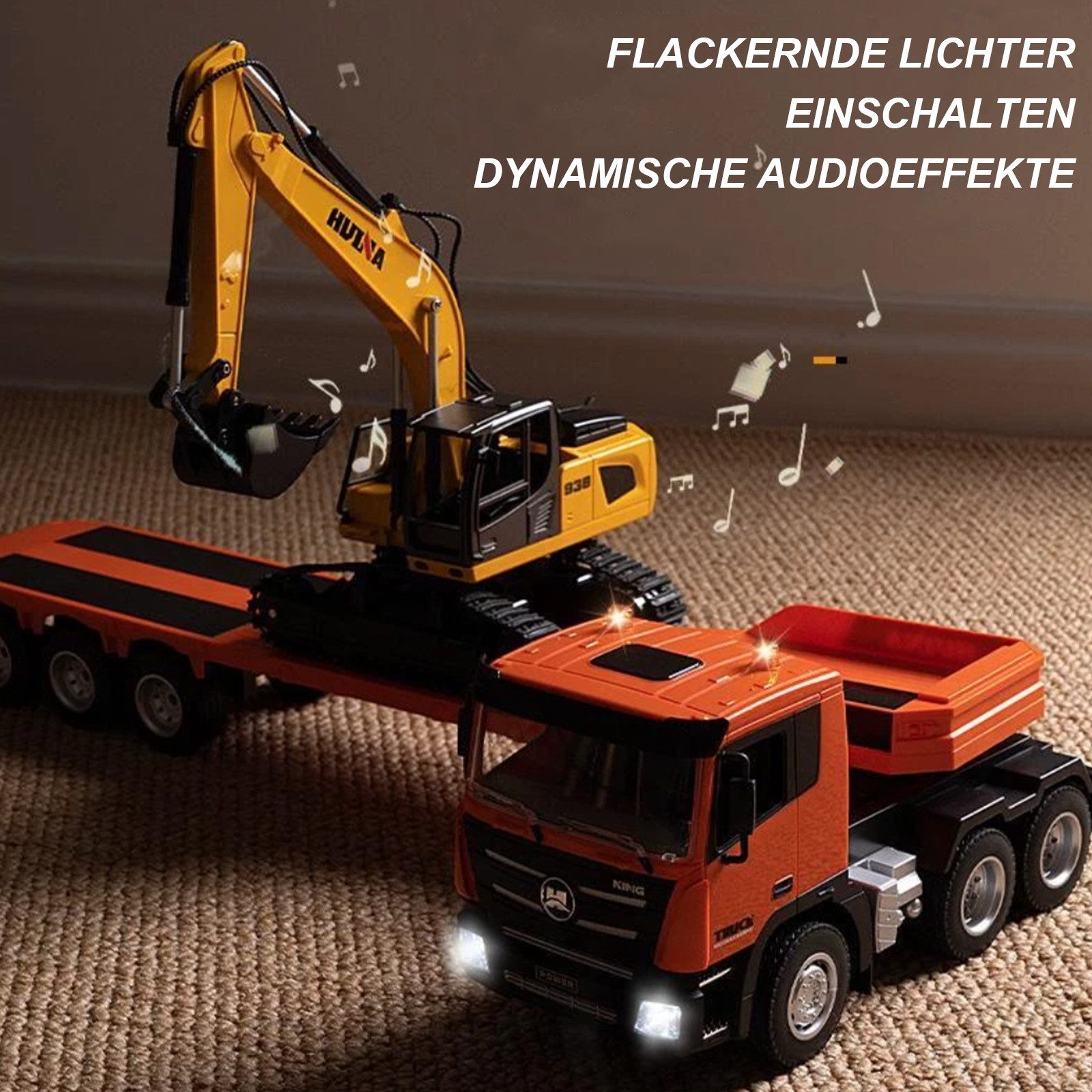 Esun RC Truck and RC Excavator Toy, 2.4GHz Remote Controlled Flatbed Truck (SET, Complete Set), 1:18 Remote Controlled Excavator with Sound and Lights