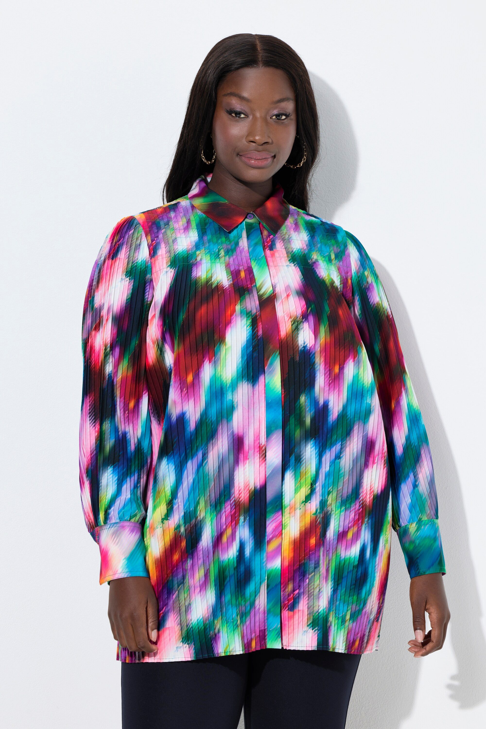 Ulla Popken Longbluse Plisseebluse A-Linie Hemdkragen Langarm günstig online kaufen