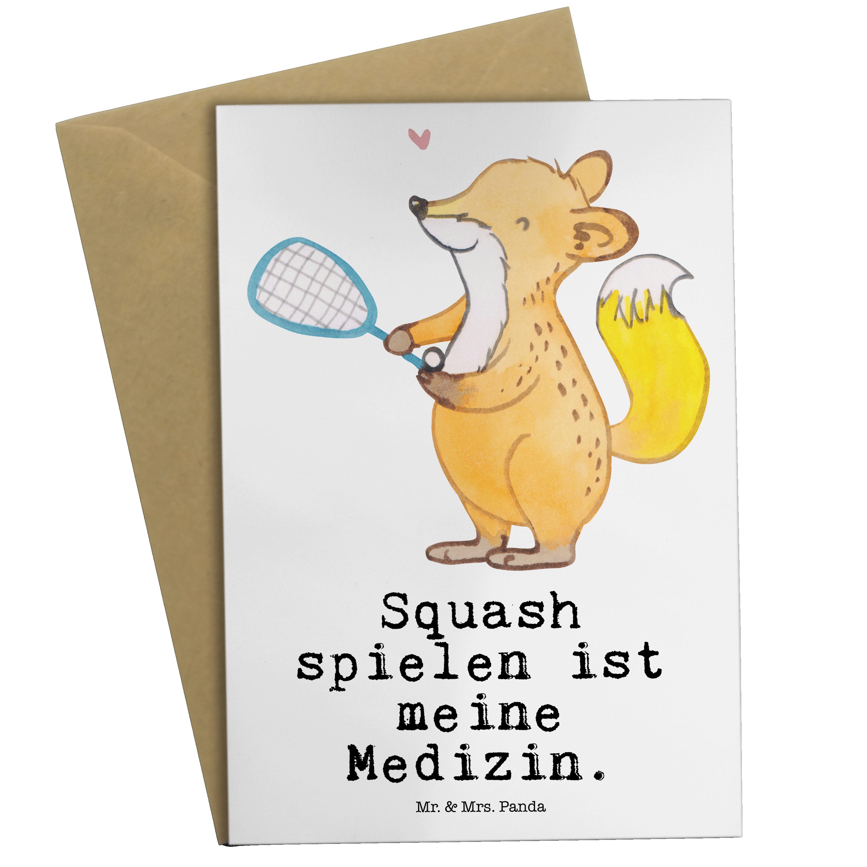 Mr. & Mrs. Panda Grußkarte Fuchs Squash spielen Medizin - Weiß - Geschenk, Einladungskarte, Gewi