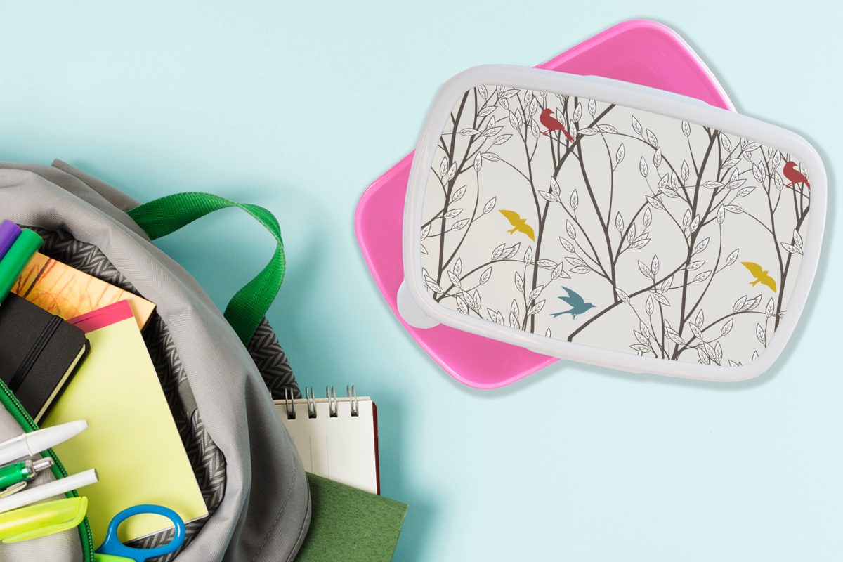 MuchoWow Lunchbox Muster Kunststoff, Brotdose Kunststoff Pflanzen rosa für Kinder, - Vogel, - Snackbox, Brotbox (2-tlg), Erwachsene, Mädchen