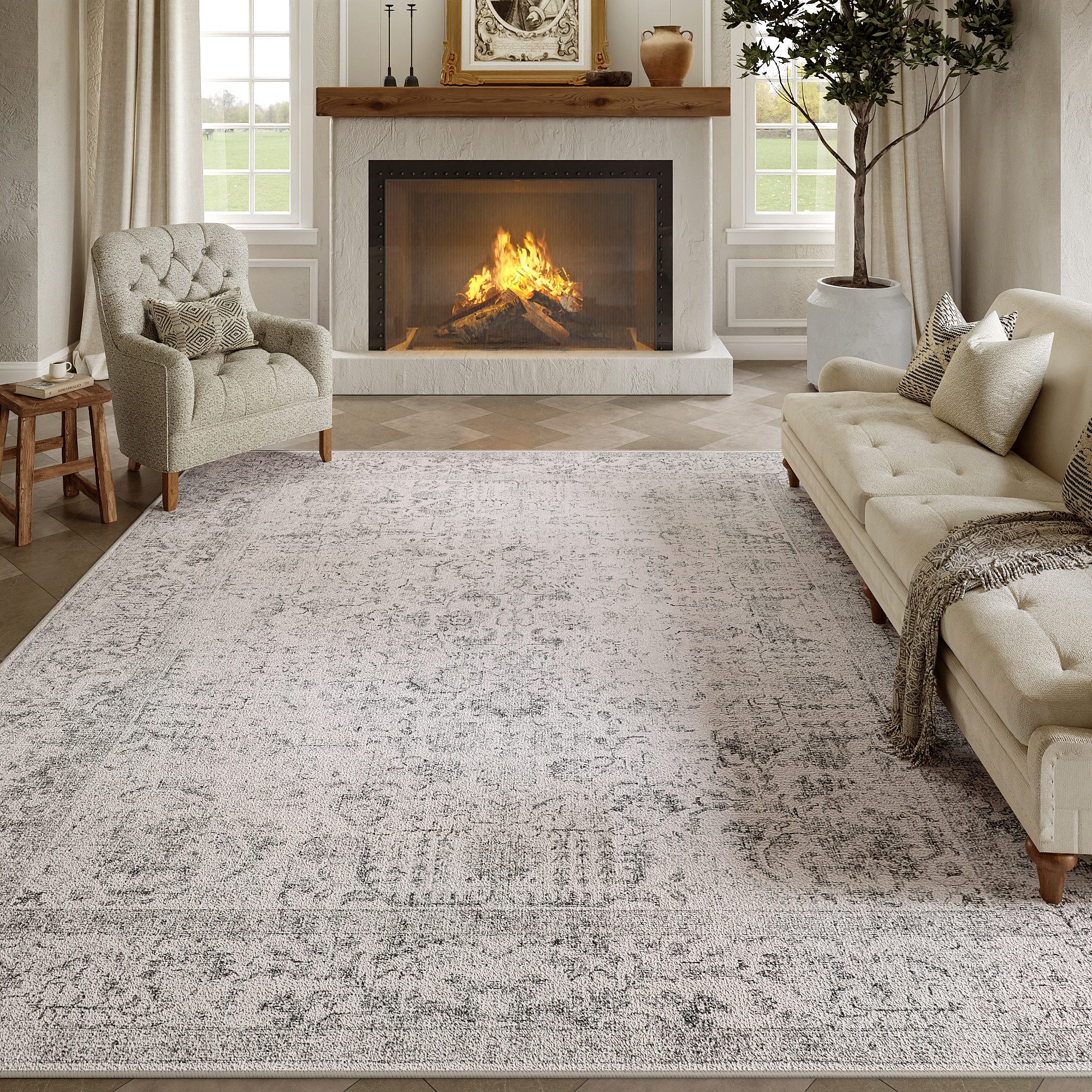 PURECOZY Teppich kurzflor, Wohnzimmerteppich, rutschfester Teppich, Vintage-Stil, rechteckig, Höhe: 50 mm, geeignet für verschiedene Innenräume, 400x300cm