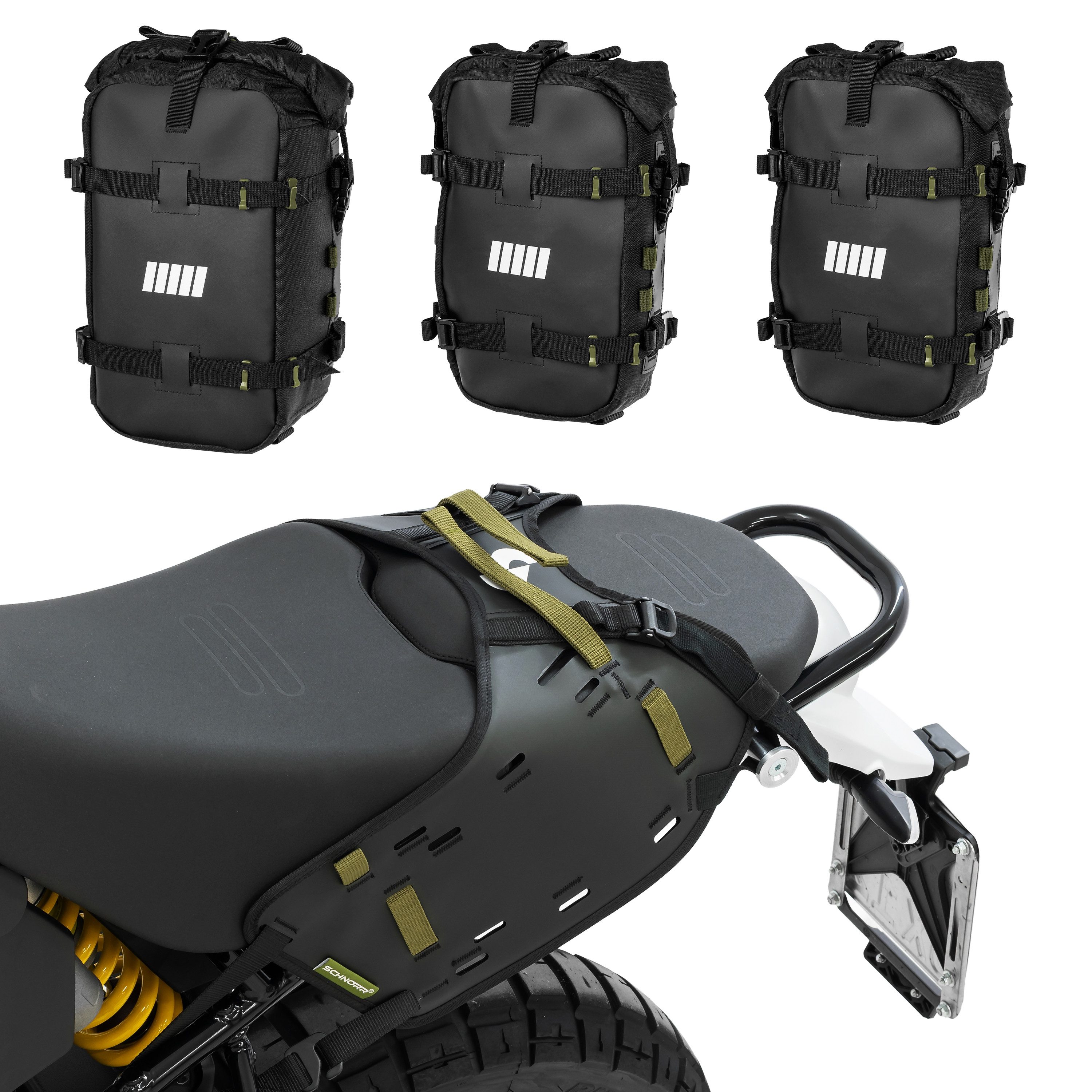 SCHNORR Fahrrad-Gepäckträger Bundle- BagHub + 1× BB-18 + 2× BB-6 Seitentaschen für Ducati DesertX
