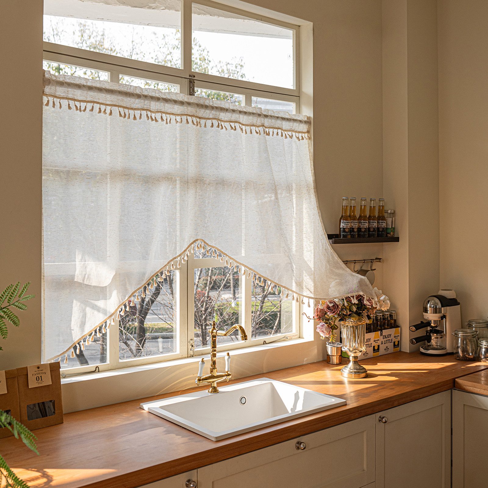 LMaxhome Scheibengardine Bogen-Kurzgardinen mit Quasten in Leinenoptik, Lichtdurchlässig (2 St), für Küche, Bad, Schlafzimmer, Wohnwagen & Caféfenster, 150 x 100 cm