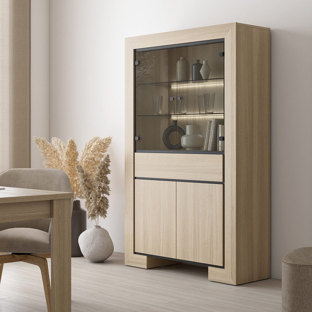 Lomadox Esszimmer-Set CERIALE-83, (Spar-Set, 3-St., Esstisch Sideboard Vitrine), in Eiche, inkl. LED-Beleuchtung, grifflos, modern