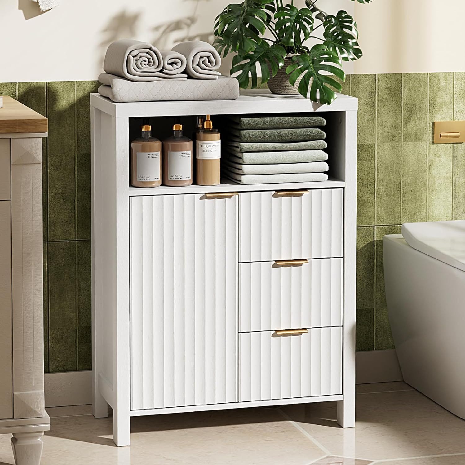 Karlhome Sideboard Badkommode weiß, Badezimmerschrank mit 1 Tür und 3 Schubladen (1 St), Küchenschrank mit offener Ablage, geriffeltes Design, 59x29,5x81cm