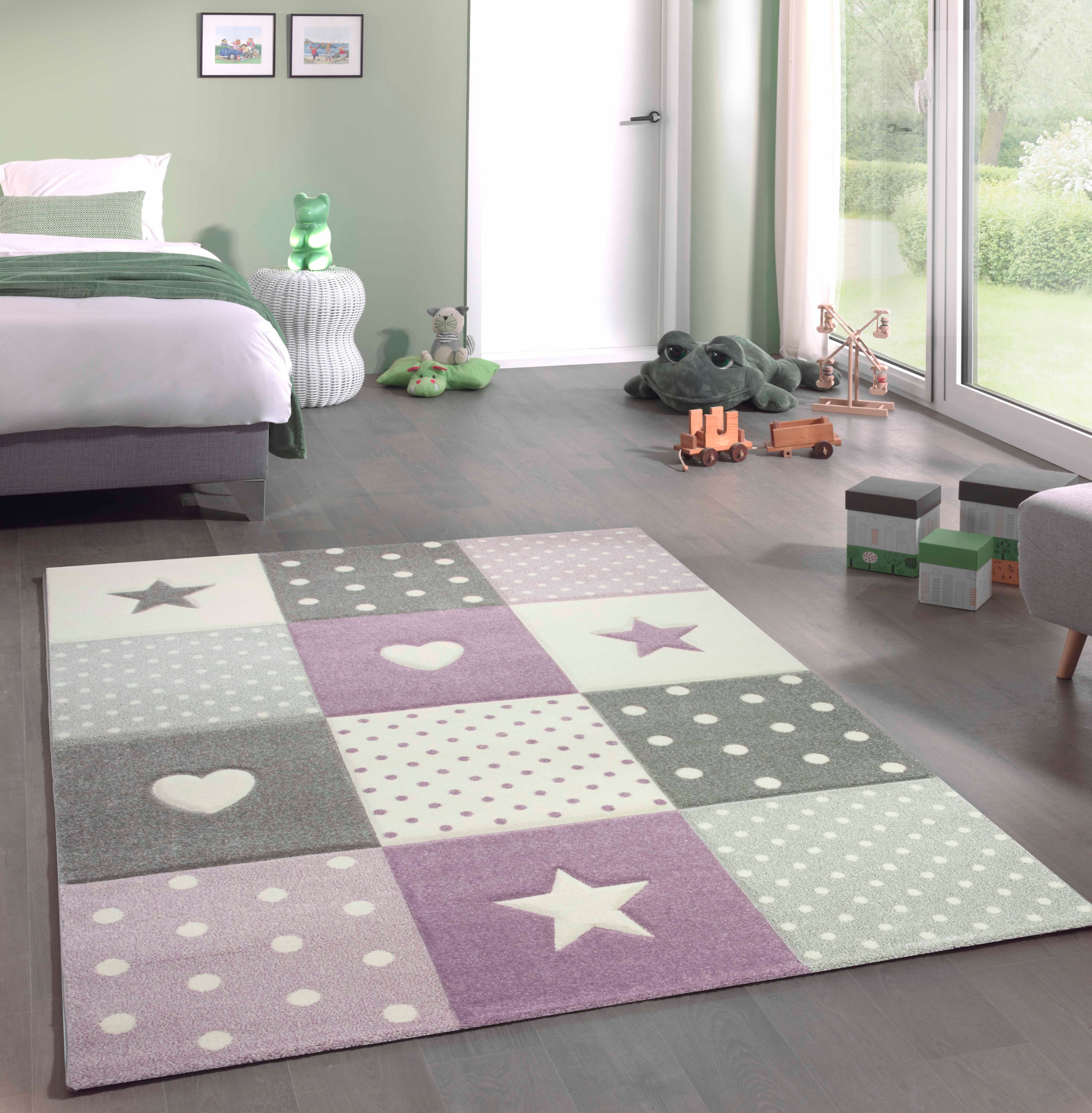 Kinderteppich »Kinderzimmer Teppich Spiel & Baby Teppich Herz Stern Punkte  Design in lila grau creme«, Teppich-Traum, rechteckig, Höhe 13 mm