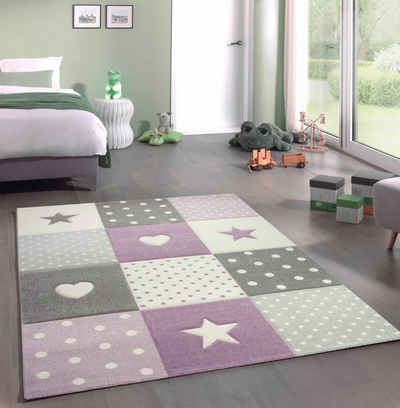 Kinderteppich Kinderzimmer Teppich Spiel & Baby Teppich Herz Stern Punkte Design in lila grau creme, Teppich-Traum, rechteckig, Höhe: 13 mm